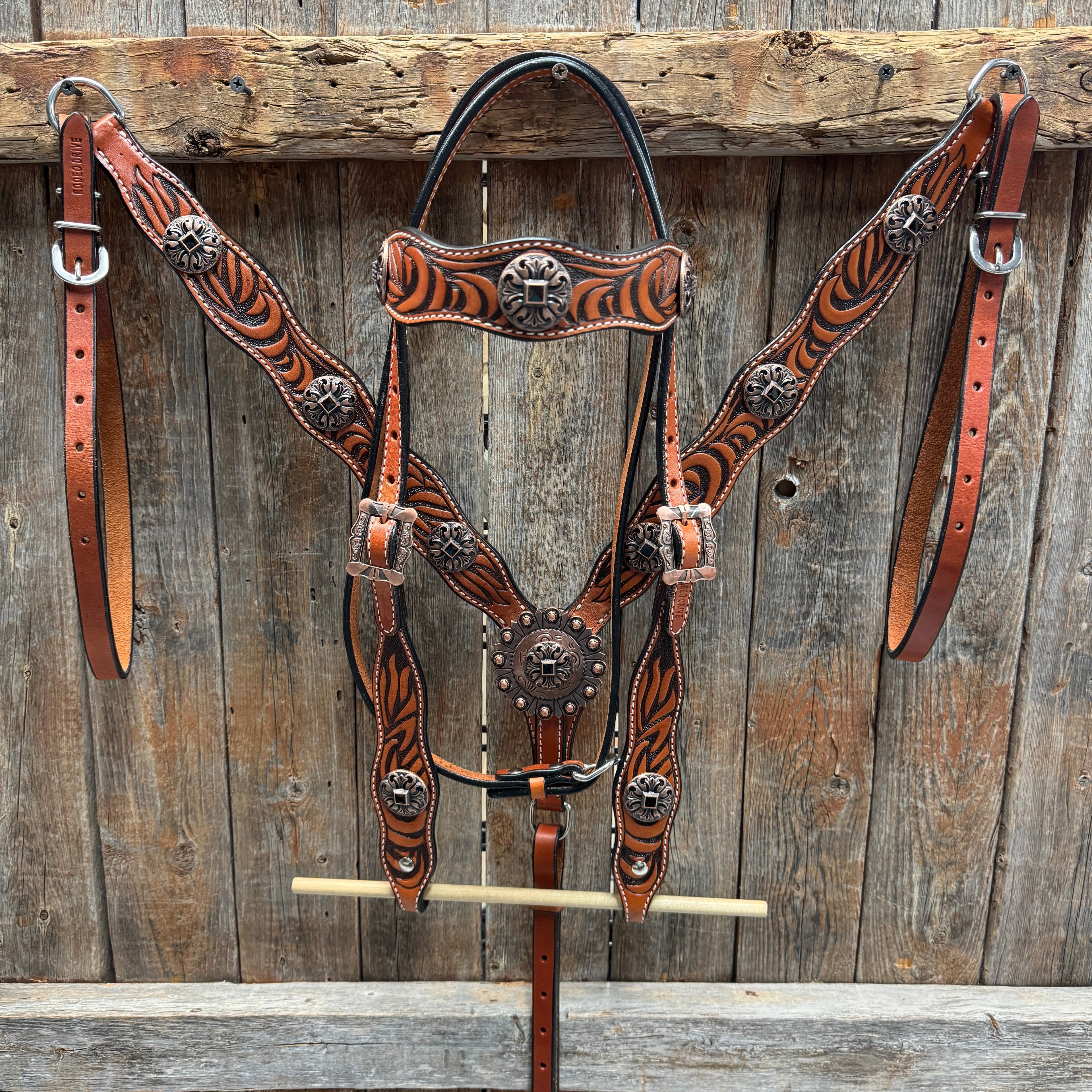 Zebra and Copper Fleur De Lis Browband/One Ear Tack Set #BBBC494