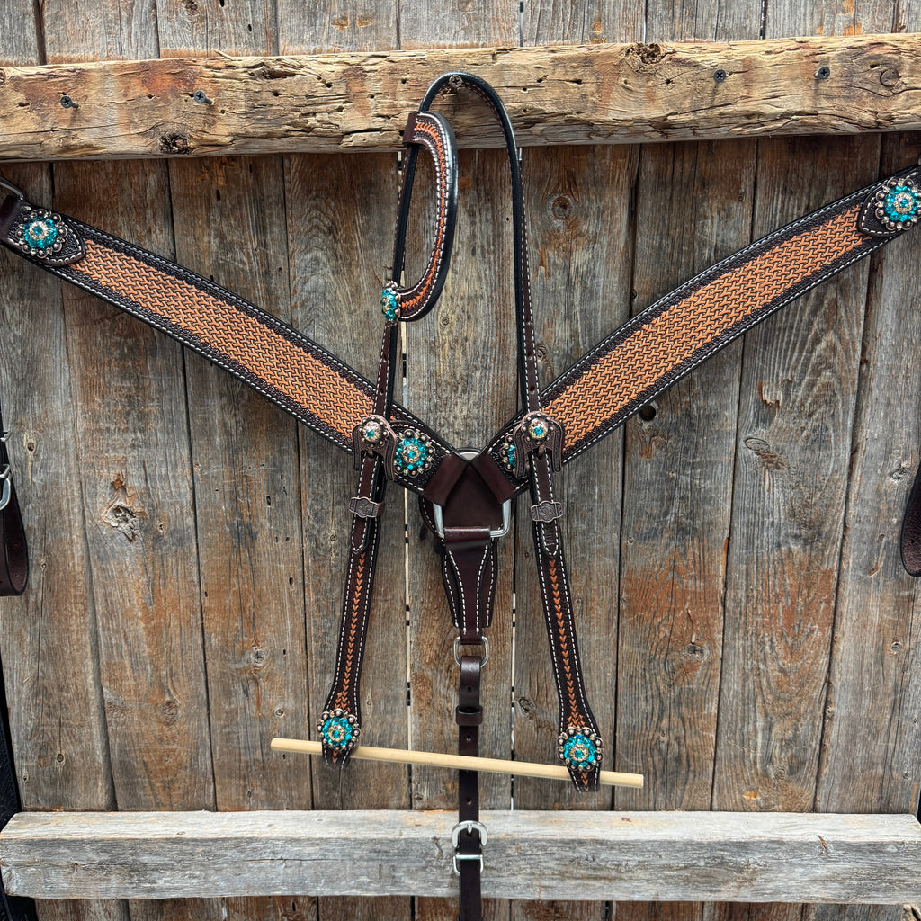 Foxtail Teal/Champagne Browband, One Ear & Breastcollar Tack Set #BBBC493 — view 2