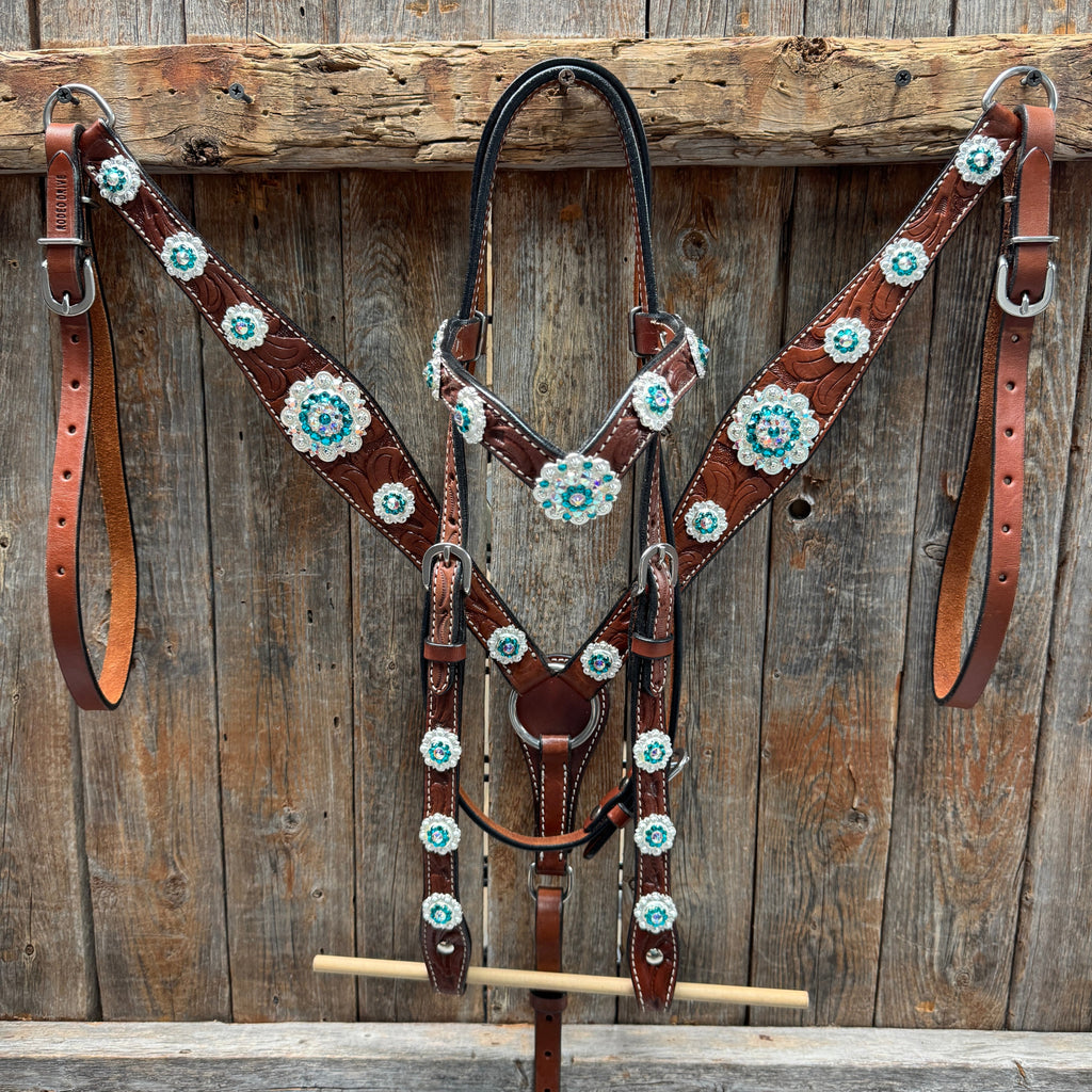 Medium Oil Floral AB - Teal Browband / Breastcollar Tack Set #BBBC496