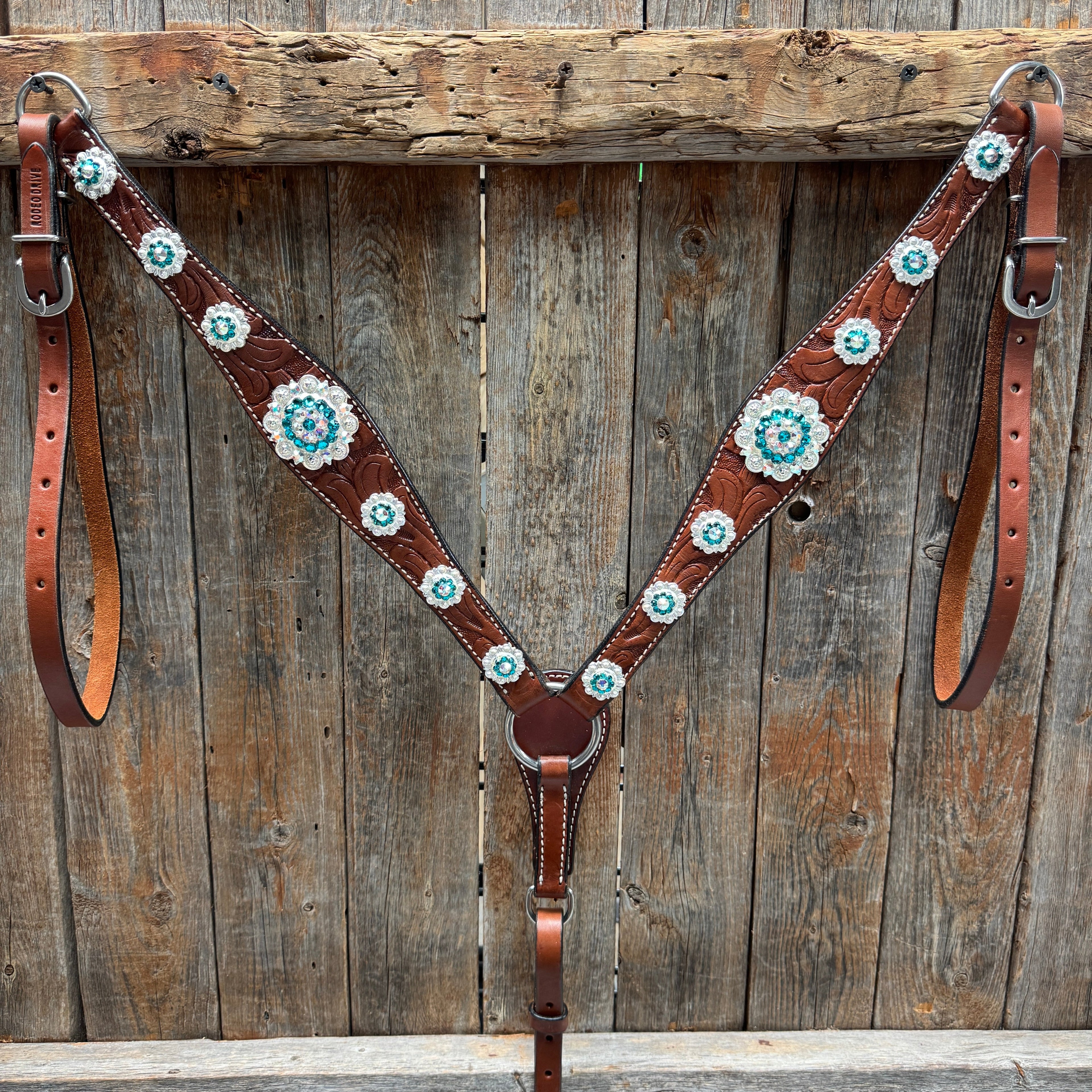 Medium Oil Floral AB - Teal Browband / Breastcollar Tack Set #BBBC496 — view 6