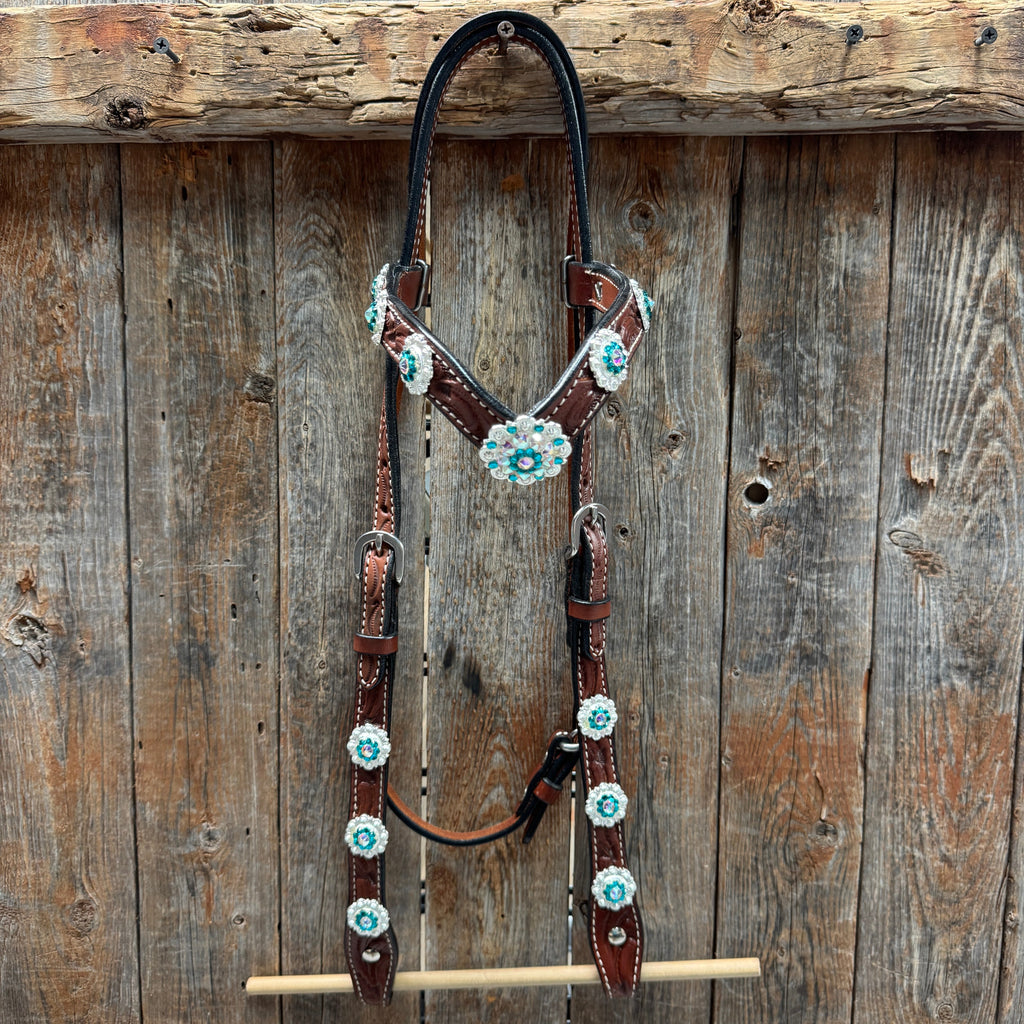 Medium Oil Floral AB - Teal Browband / Breastcollar Tack Set #BBBC496 — view 2