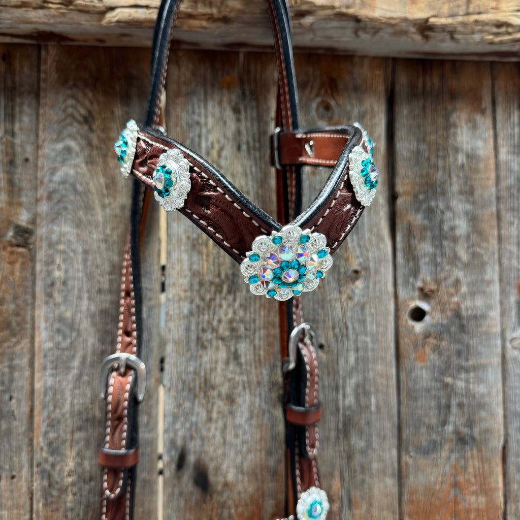 Medium Oil Floral AB - Teal Browband / Breastcollar Tack Set #BBBC496 — view 3