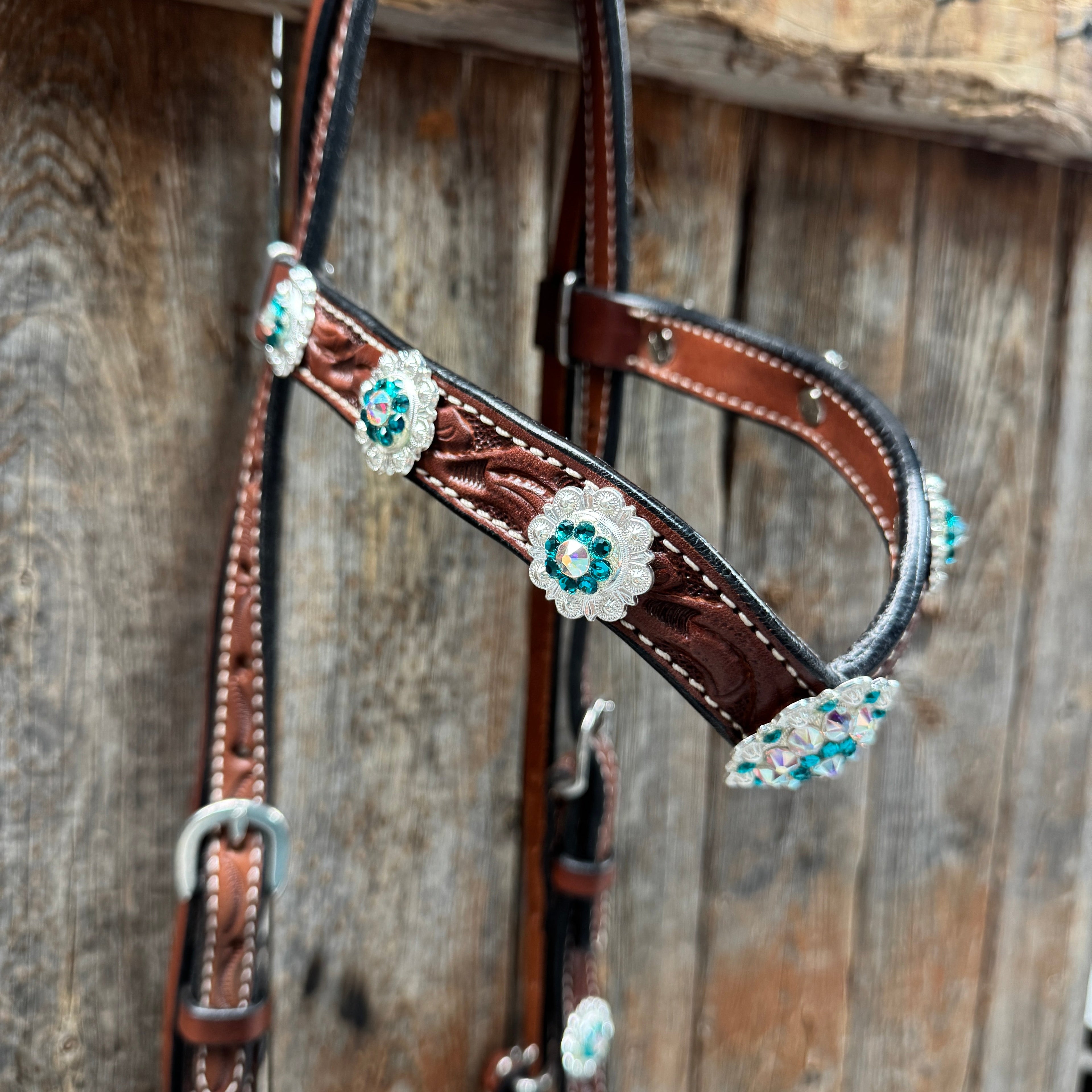 Medium Oil Floral AB - Teal Browband / Breastcollar Tack Set #BBBC496 — view 4