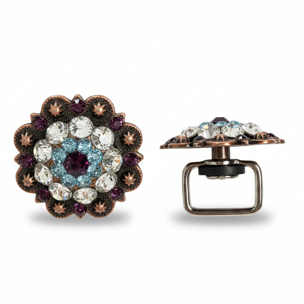 Copper Amethyst - Aqua - Clear Crystal Conchos | Sizes 1"- 3" | Buckles | Saddle Set | Leather Rosettes | Slide — view 14