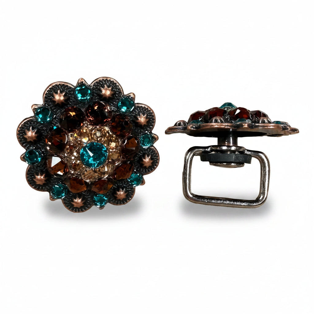 Copper Teal - Champagne - Topaz Crystal Conchos | Sizes 1"- 3" | Buckles | Saddle Set | Leather Rosettes | Slide — view 14