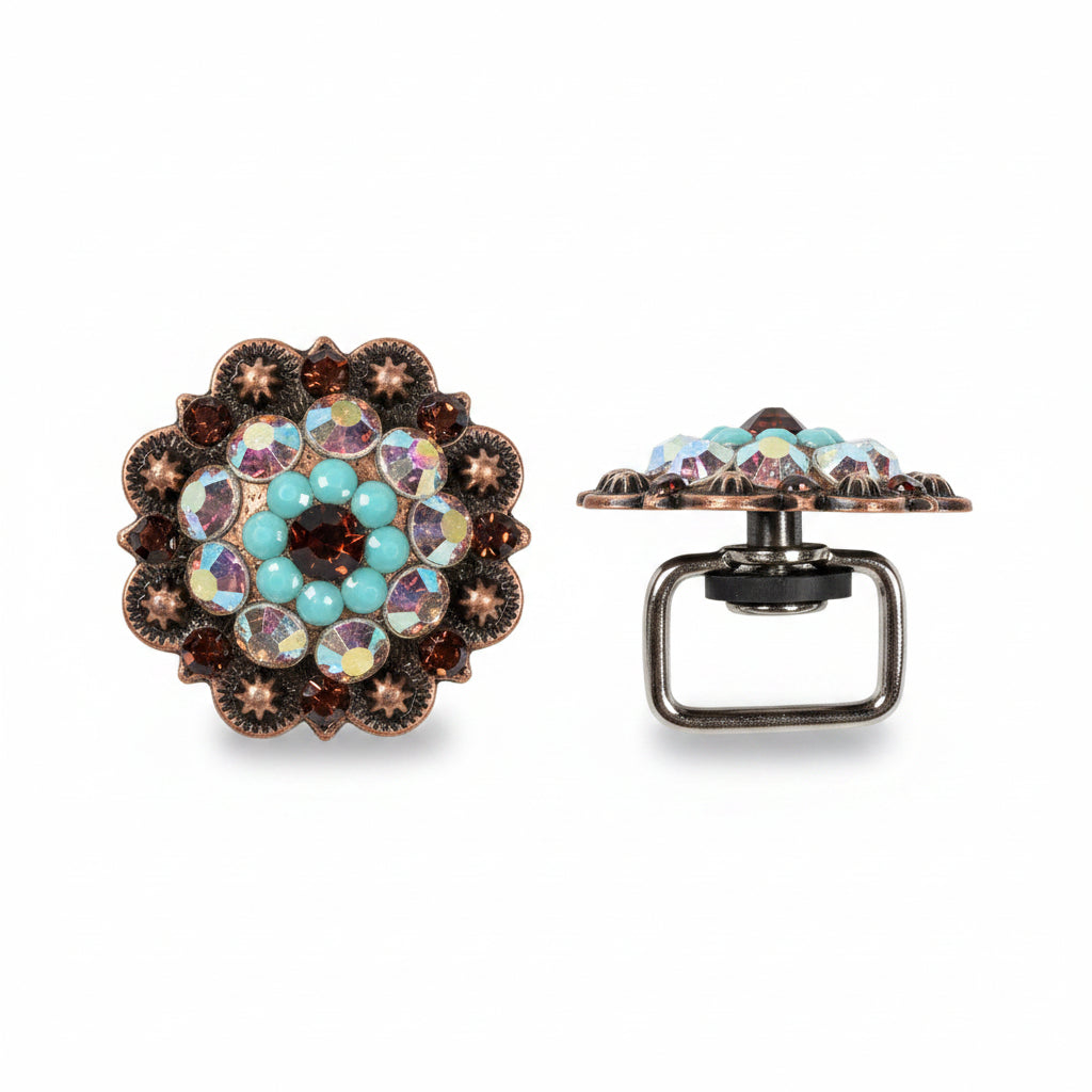 Copper Topaz - Turquoise - AB Crystal Conchos | Sizes 1"- 3" | Buckles | Saddle Set | Leather Rosettes | Slide — view 14