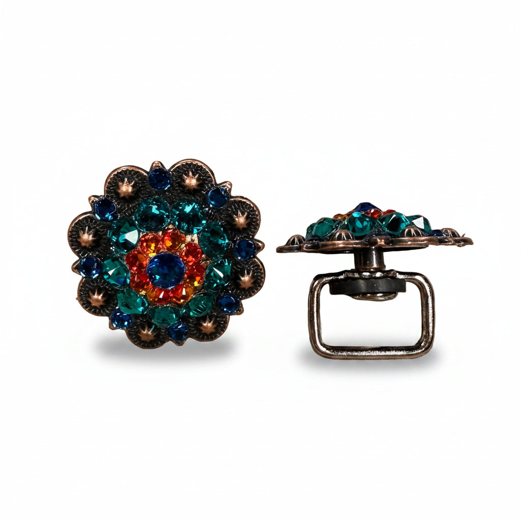 Copper Capri - Fire Opal - Teal Crystal Conchos | Sizes 1"- 3" | Buckles | Saddle Set | Leather Rosettes | Slide — view 14