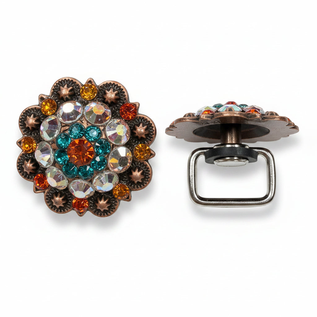 Copper Fire Opal - Teal - AB Crystal Conchos | Sizes 1"- 3" | Buckles | Saddle Set | Leather Rosettes | Slide — view 14