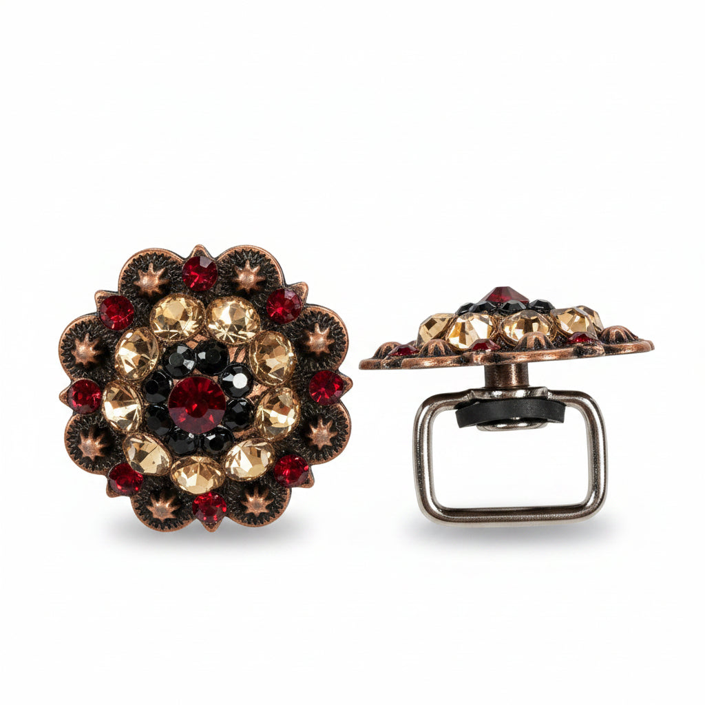 Copper Ruby - Jet - Champagne Crystal Conchos | Sizes 1"- 3" | Buckles | Saddle Set | Leather Rosettes | Slide — view 14