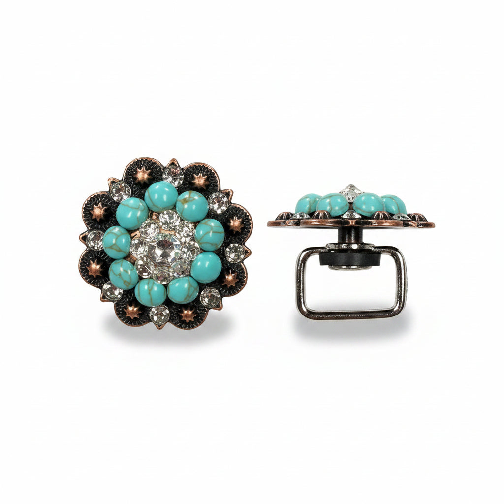 Copper Turquoise - Clear Crystal Conchos | Sizes 1"- 3" | Buckles | Saddle Set | Leather Rosettes | Slide — view 14