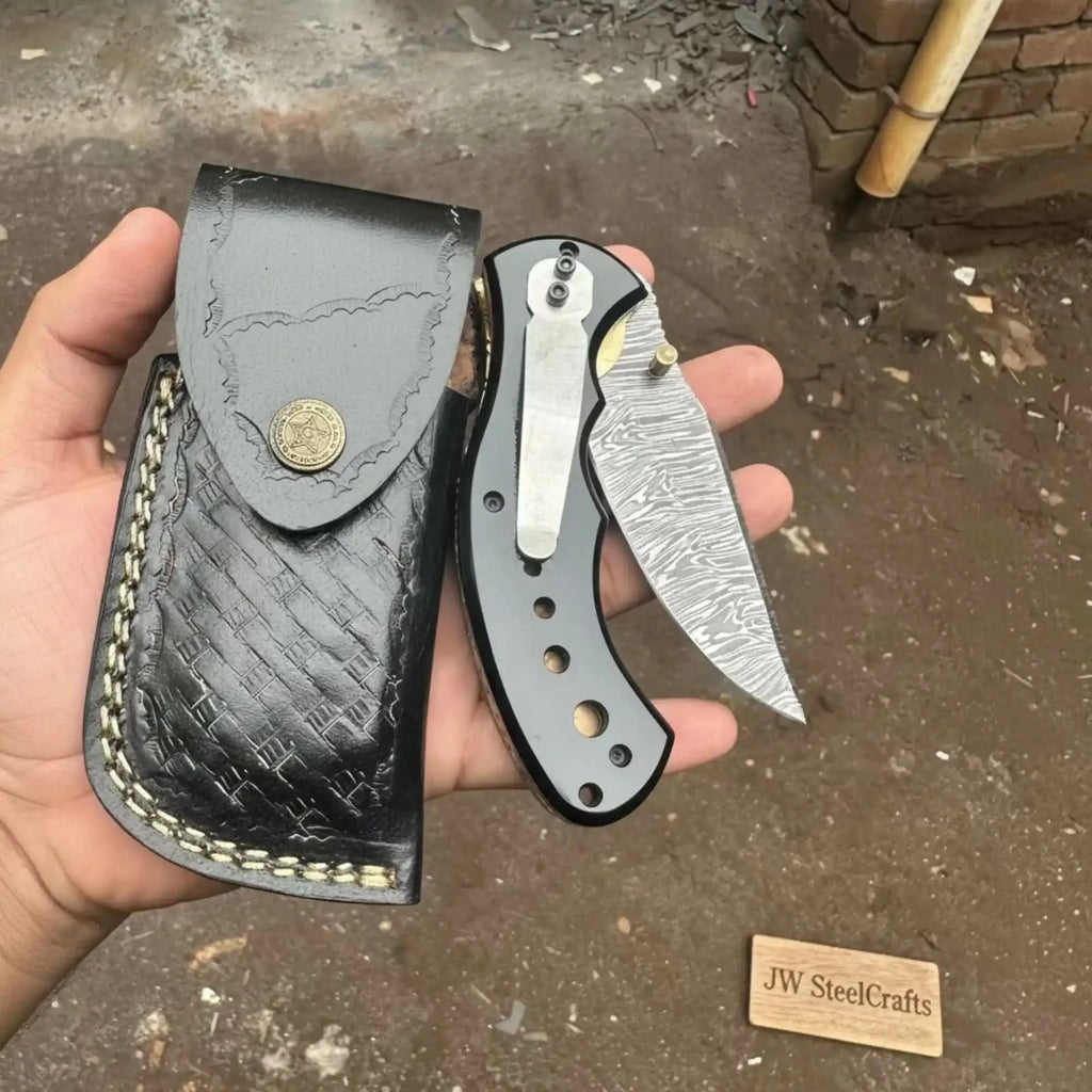 G10 Damascus Drop Point pocket Knife with Black Resin Handle