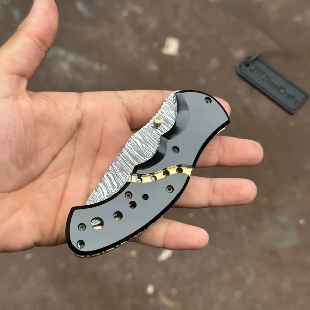 G10 Damascus Drop Point pocket Knife with Black Resin Handle
