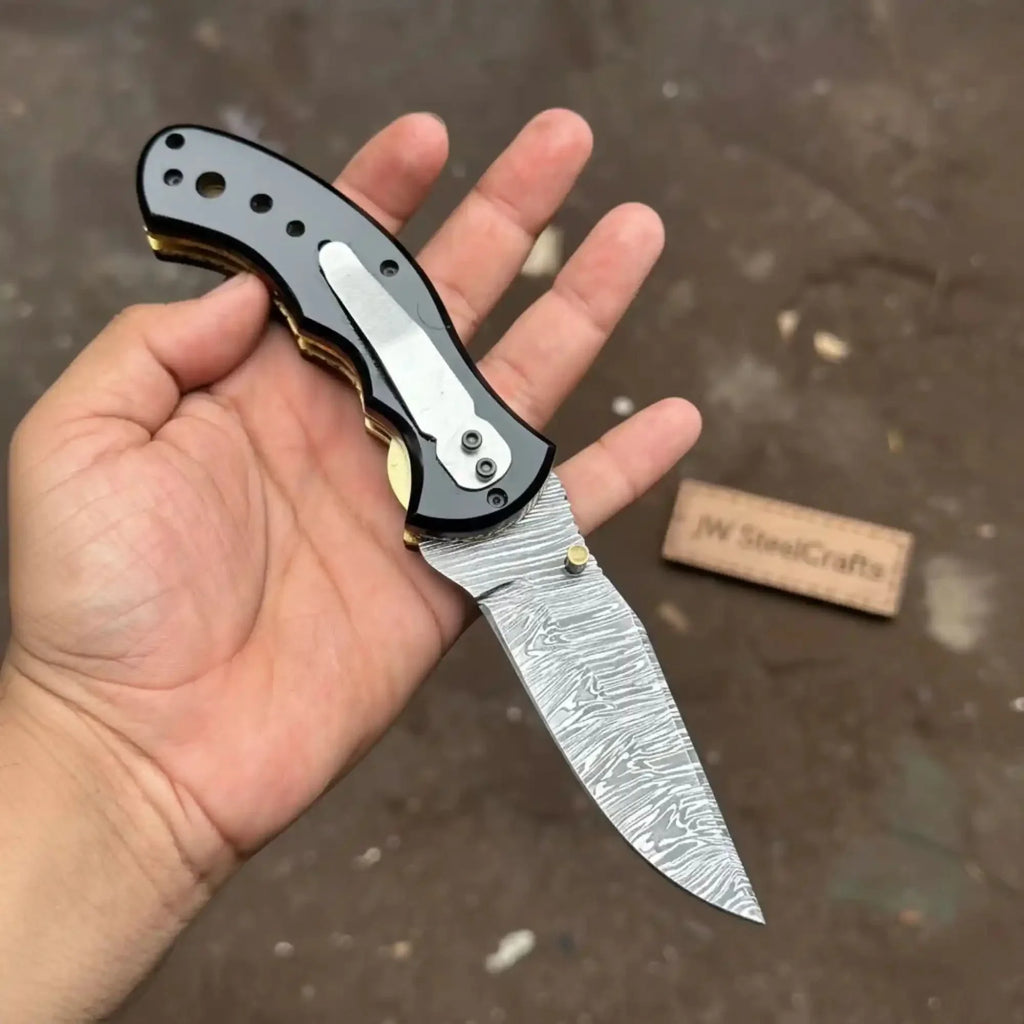 G10 Damascus Drop Point pocket Knife with Black Resin Handle