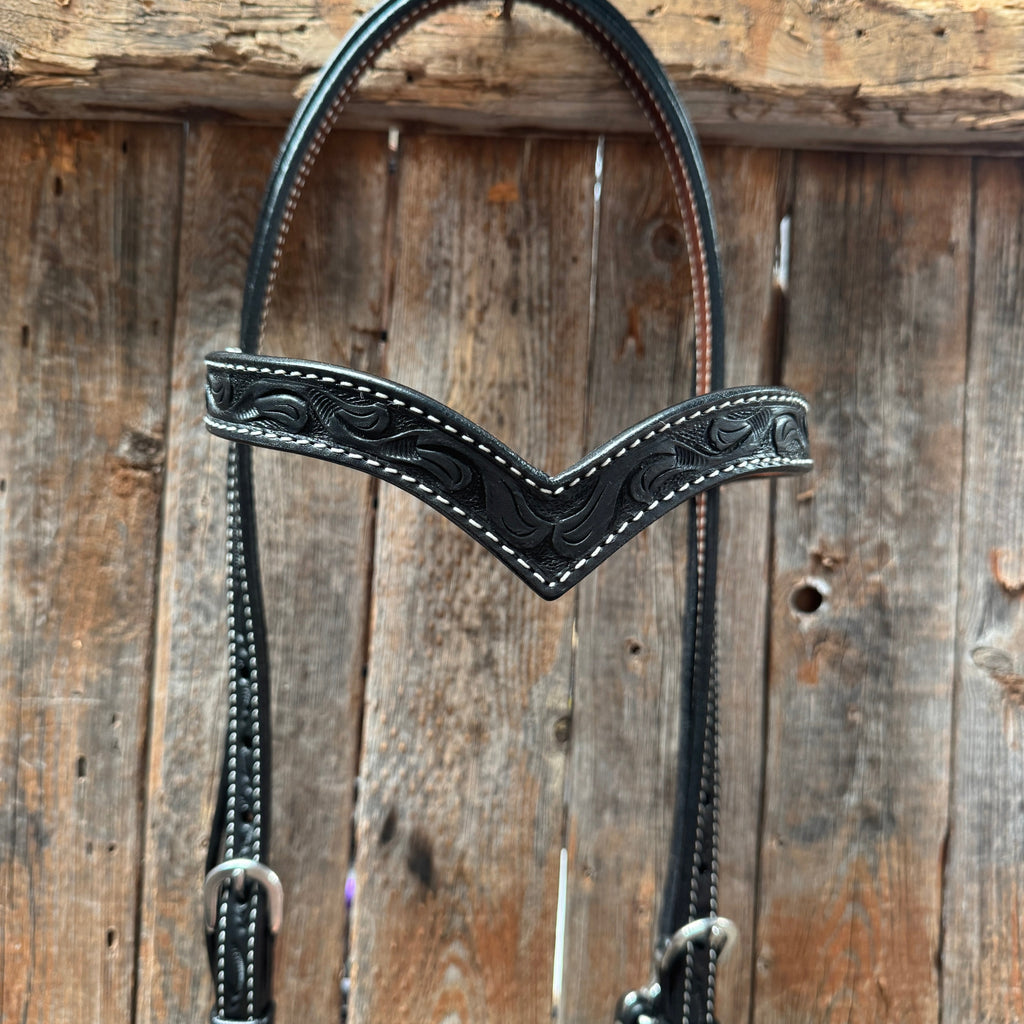 Floral V Browband Black Draft Headstall / Bridle — view 2