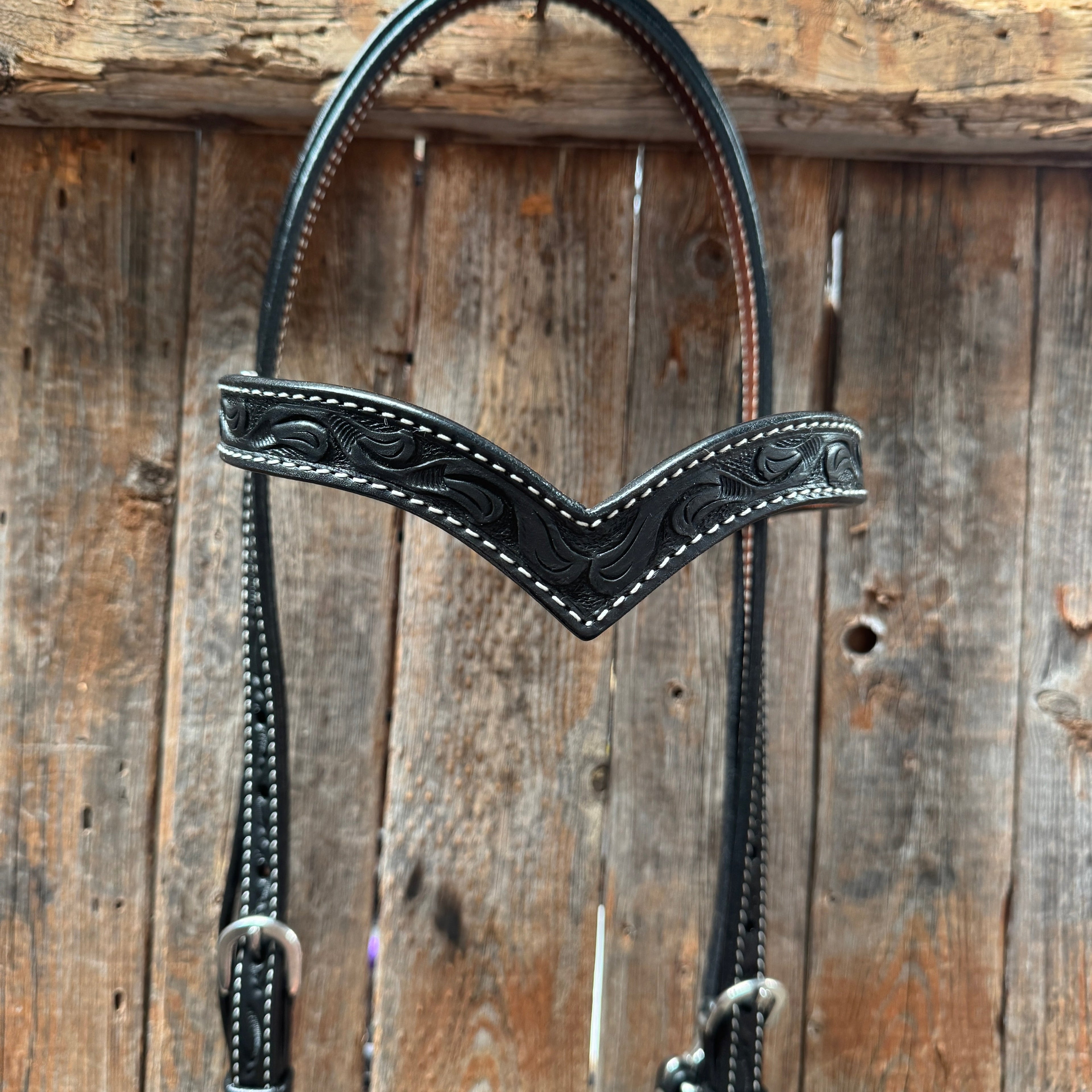 Floral V Browband Black Draft Headstall / Bridle — view 2