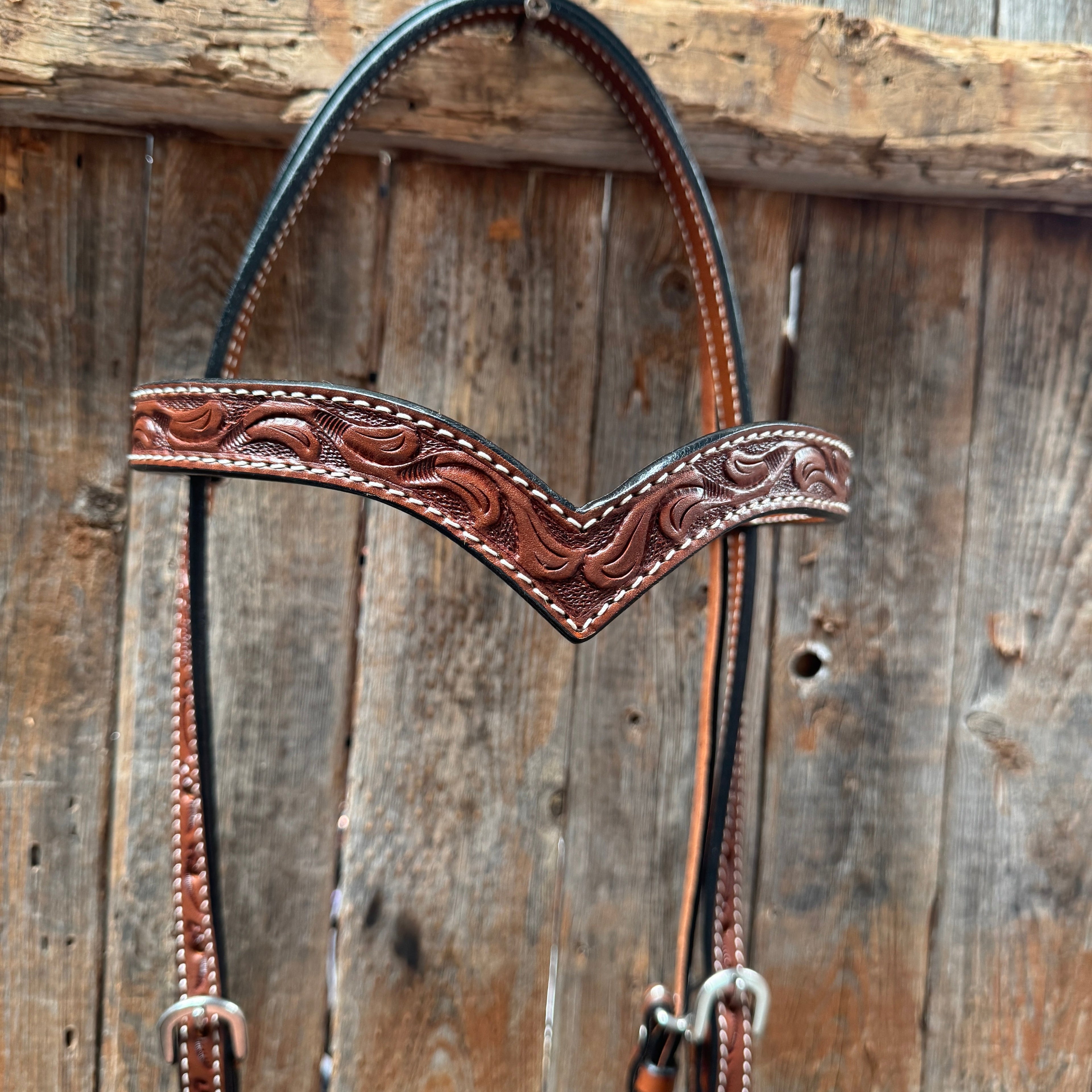 Floral V Browband Medium Oil Draft Headstall / Bridle — view 2