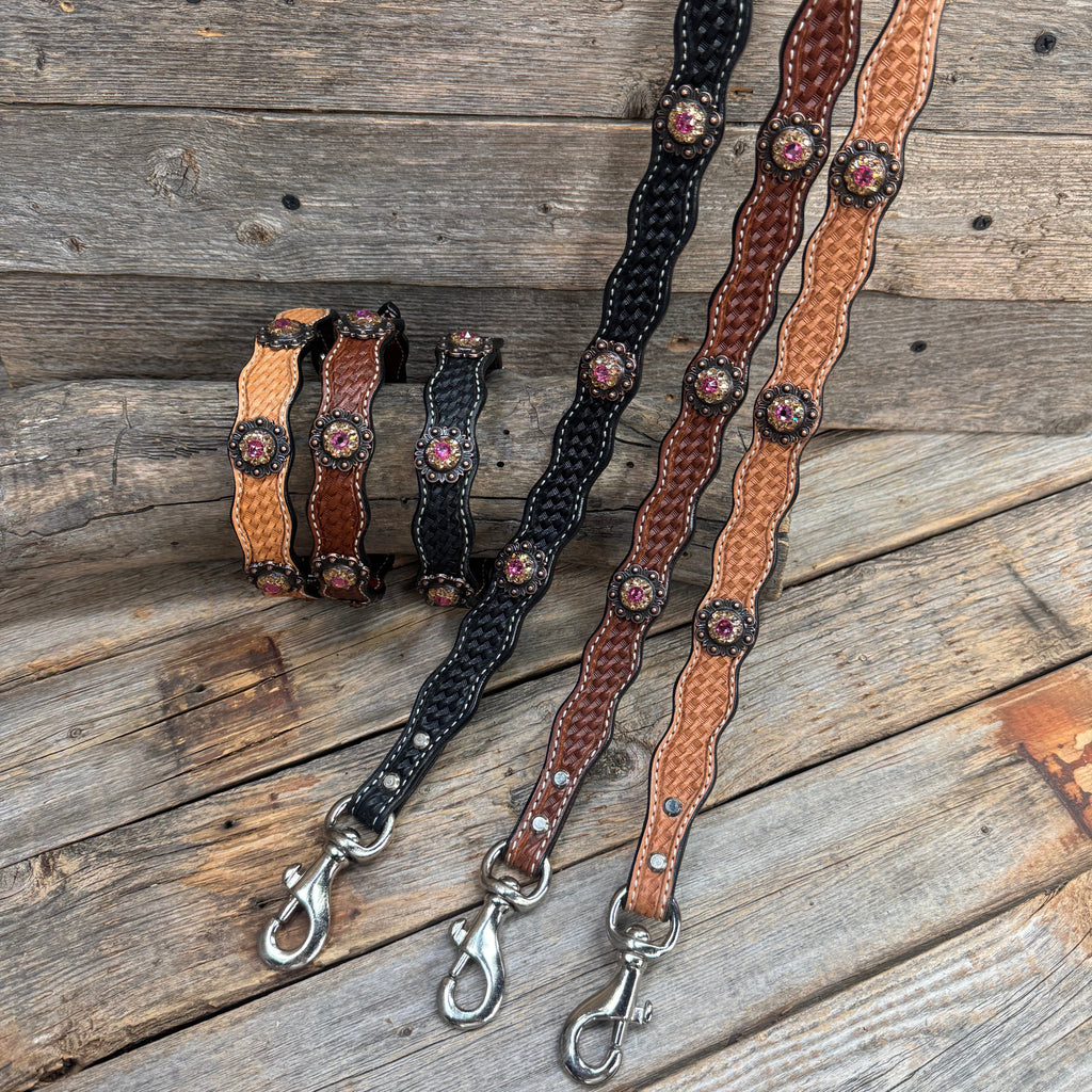 Genuine Leather Dog Collar or Leash With Copper Pink and Champagne Conchos 10" to 22" orDC36
