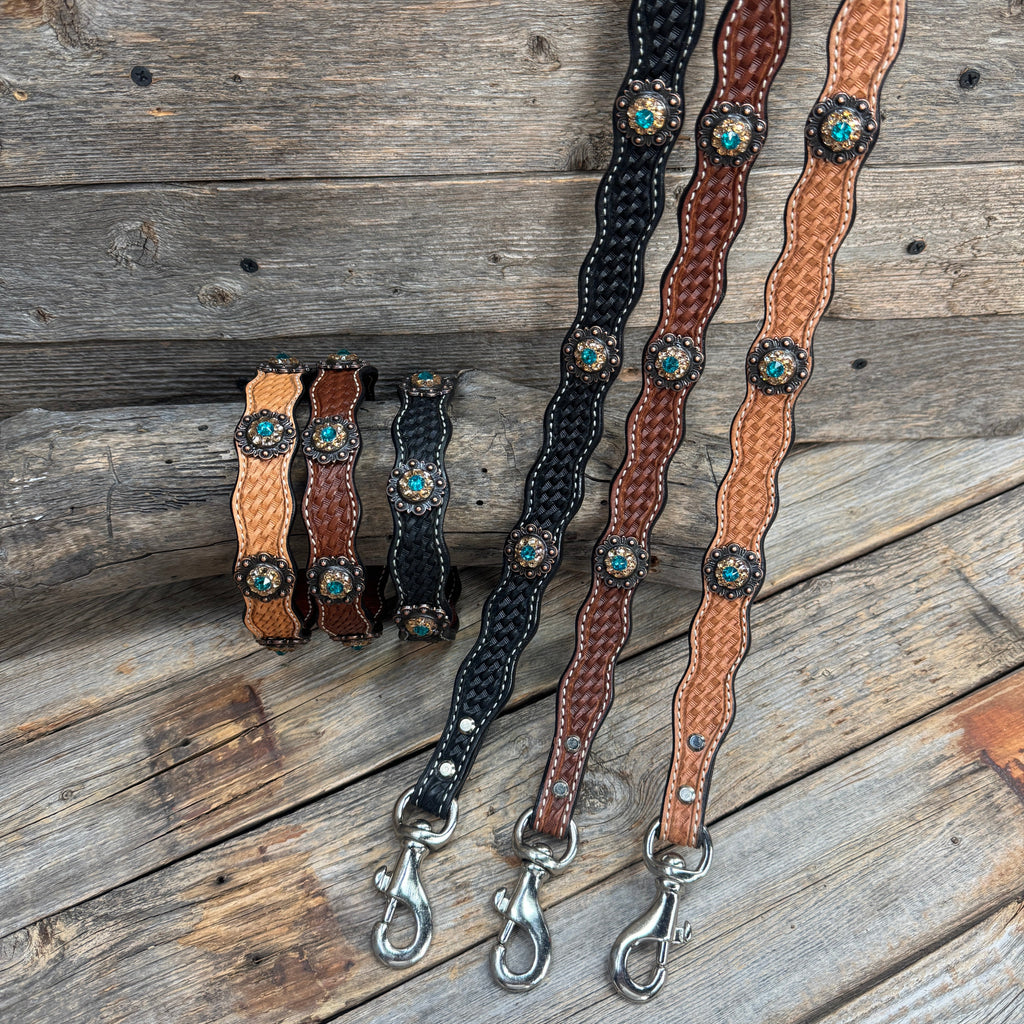 Genuine Leather Dog Collar or Leash With Copper Teal and Champagne Conchos 10" to 22" orDC24