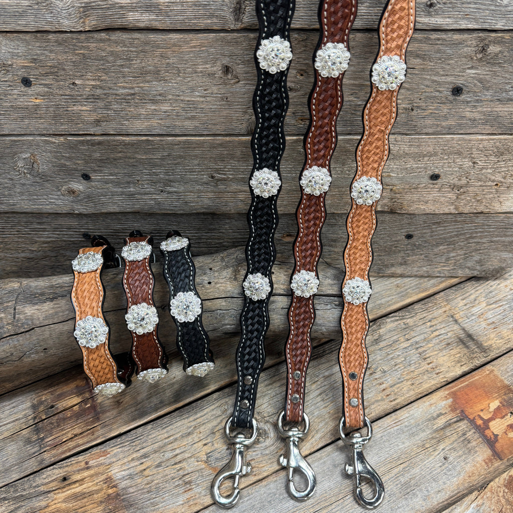 Genuine Leather Dog Collar or Leash With Bright Silver Clear Conchos 10" to 22" DC1