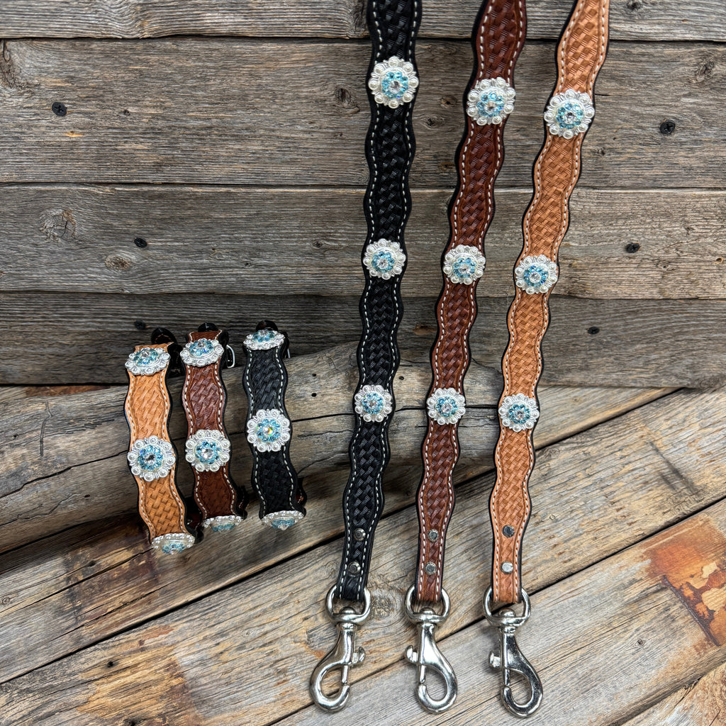 Genuine Leather Dog Collar or Leash With Bright Silver Aqua and Clear Conchos 10" to 22" orDC47