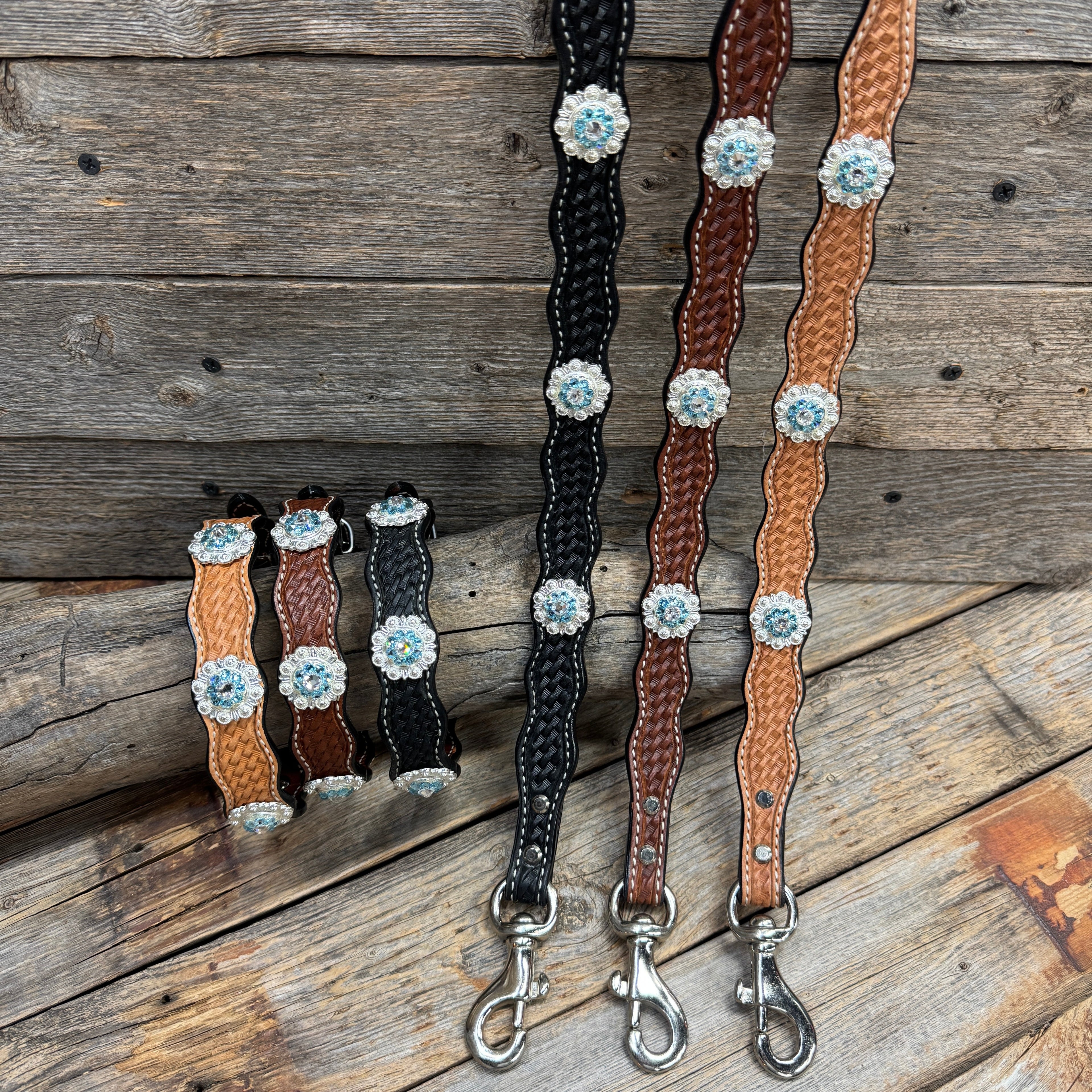 Genuine Leather Dog Collar or Leash With Bright Silver Aqua and Clear Conchos 10" to 22" orDC47