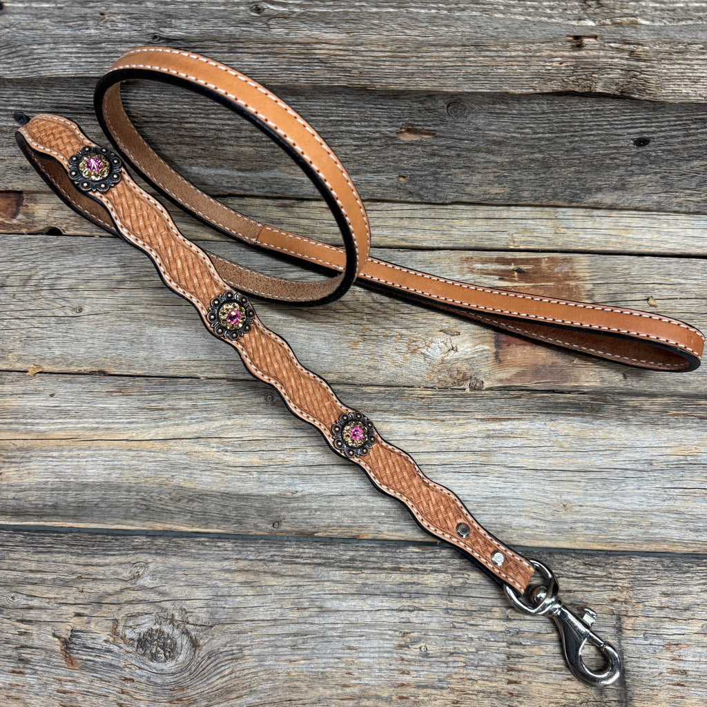 Genuine Leather Dog Collar or Leash With Copper Pink and Champagne Conchos 10" to 22" orDC36 — view 6