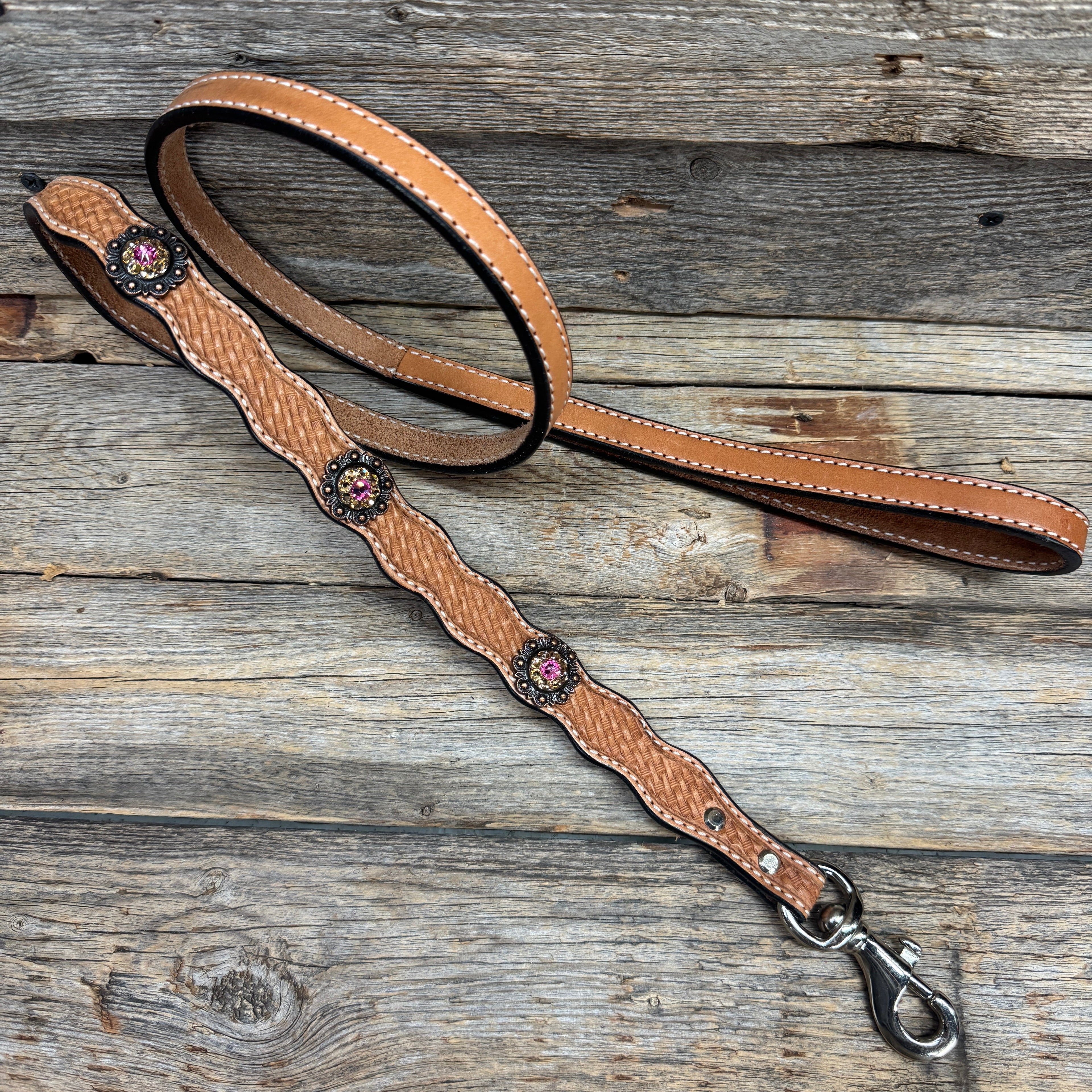 Genuine Leather Dog Collar or Leash With Copper Pink and Champagne Conchos 10" to 22" orDC36 — view 6