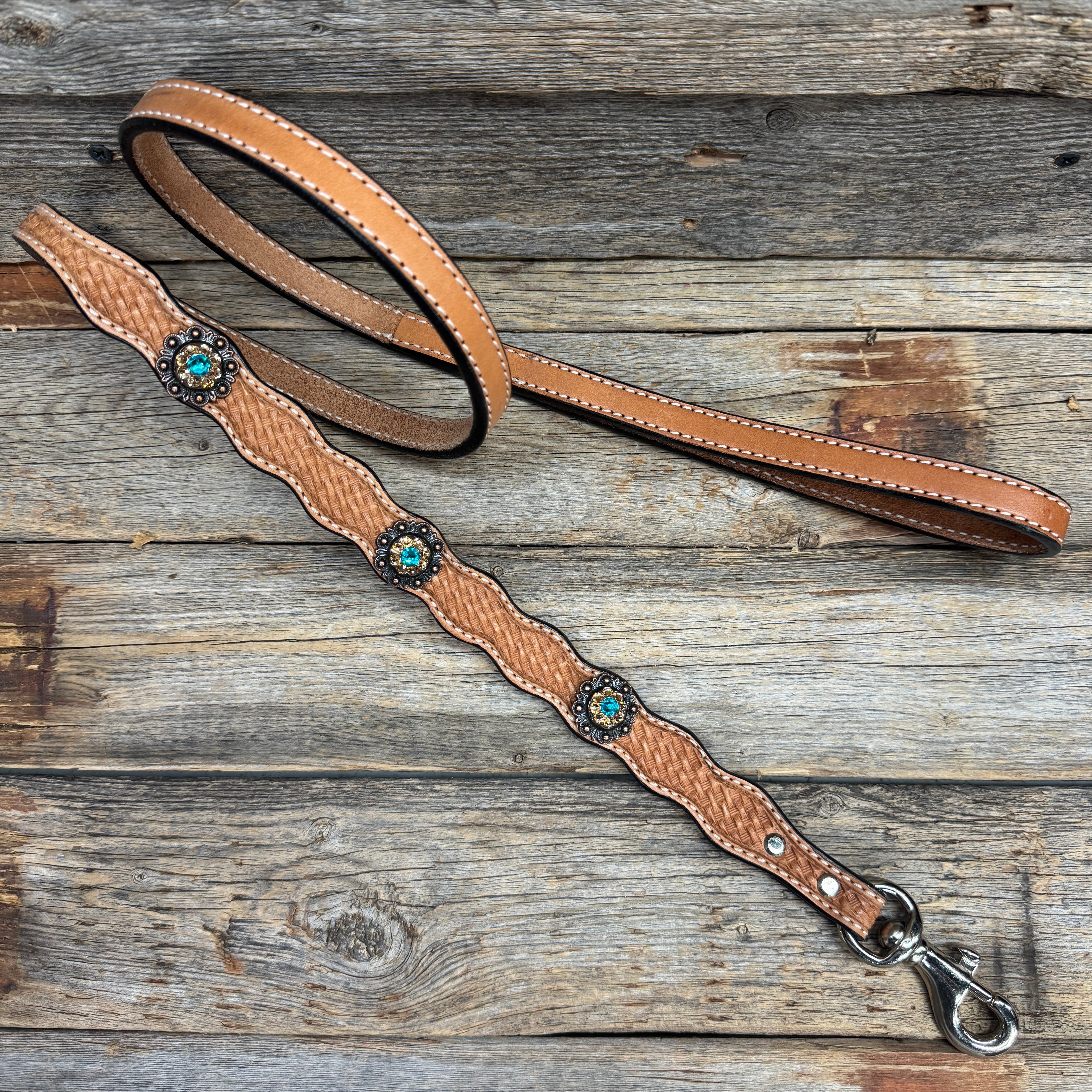 Genuine Leather Dog Collar or Leash With Copper Teal and Champagne Conchos 10" to 22" orDC24 — view 6
