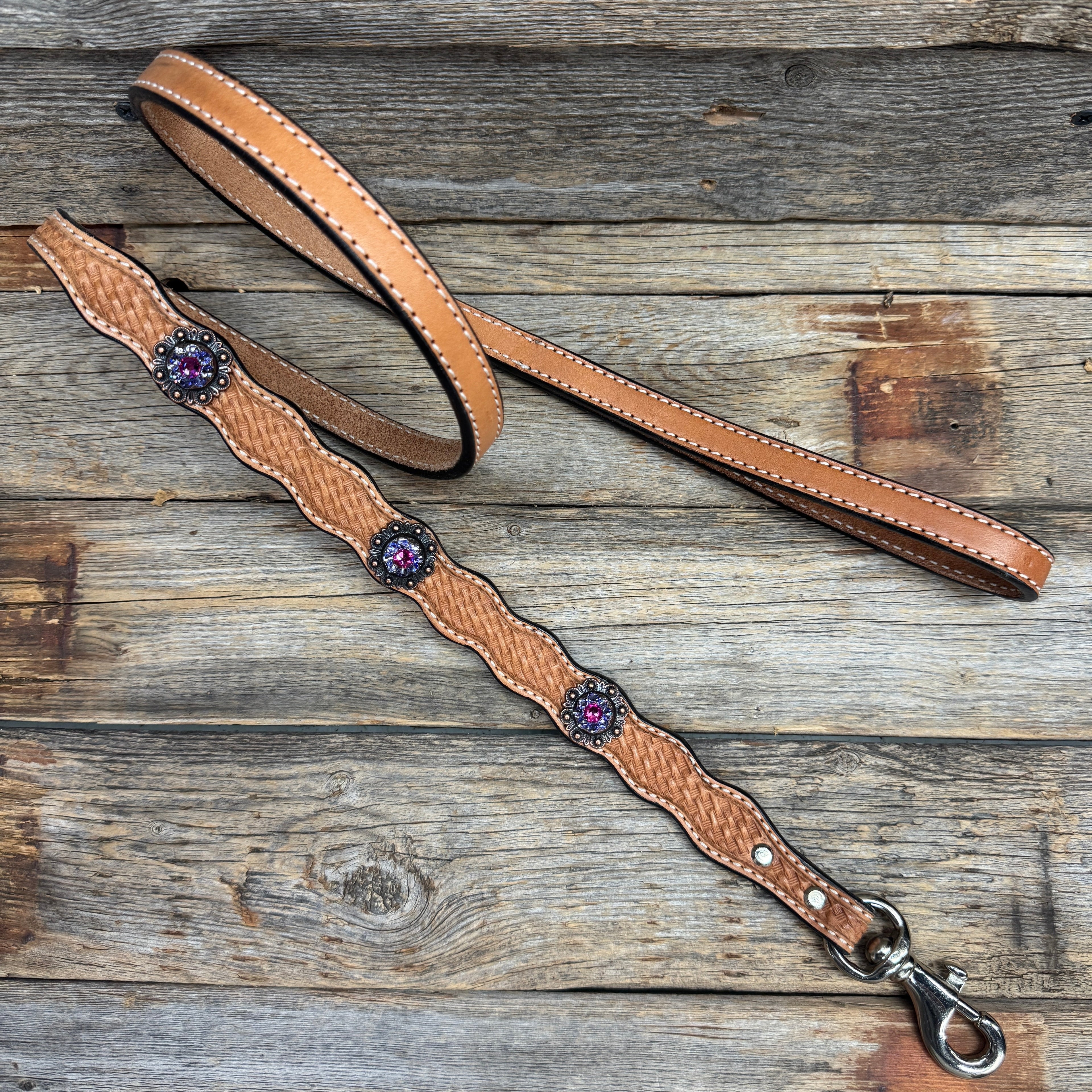 Genuine Leather Dog Collar or Leash With Copper Fuchsia and Lilac Conchos 10" to 22" orDC35 — view 6
