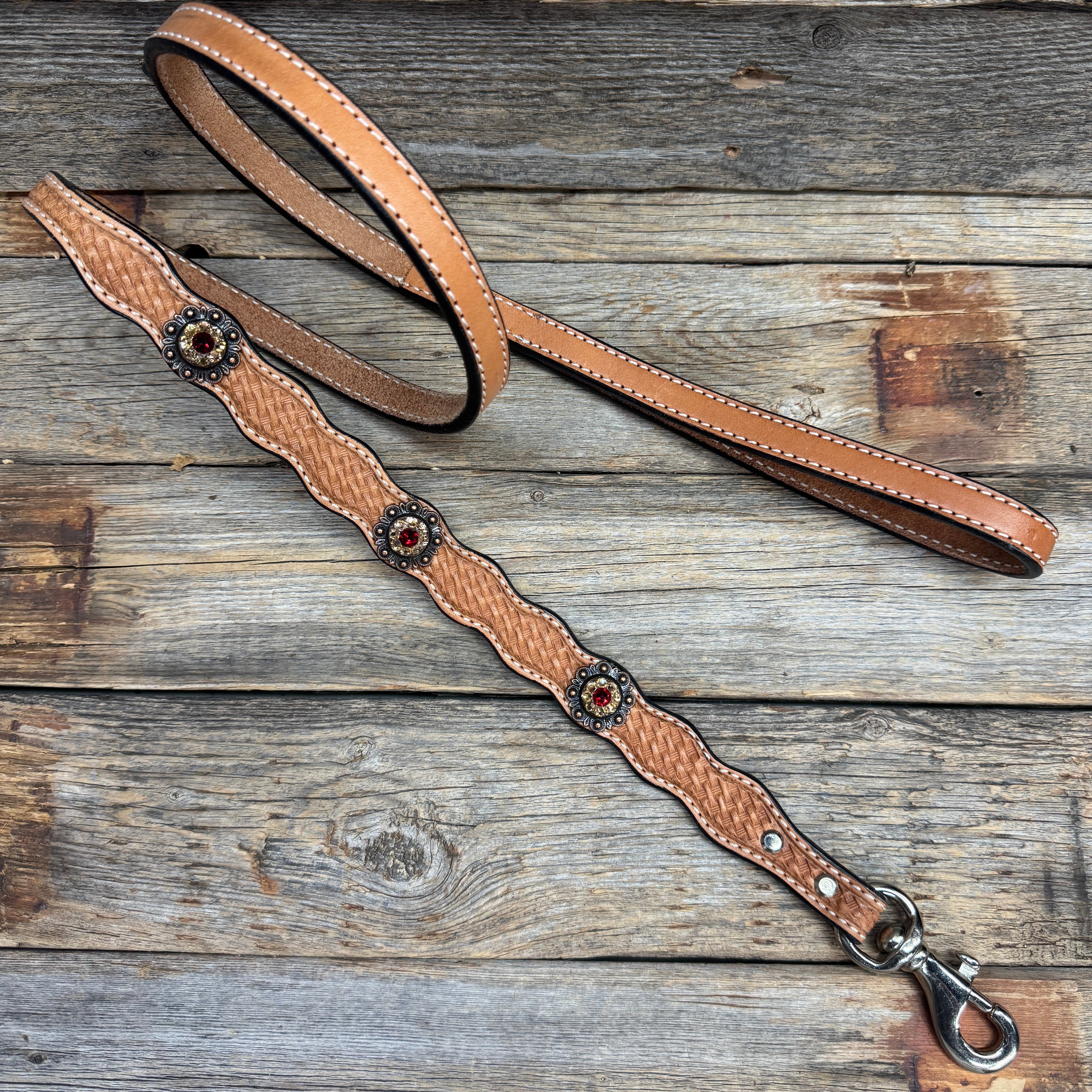Genuine Leather Dog Collar or Leash With Copper Ruby and Champagne Conchos 10" to 22" orDC38 — view 6