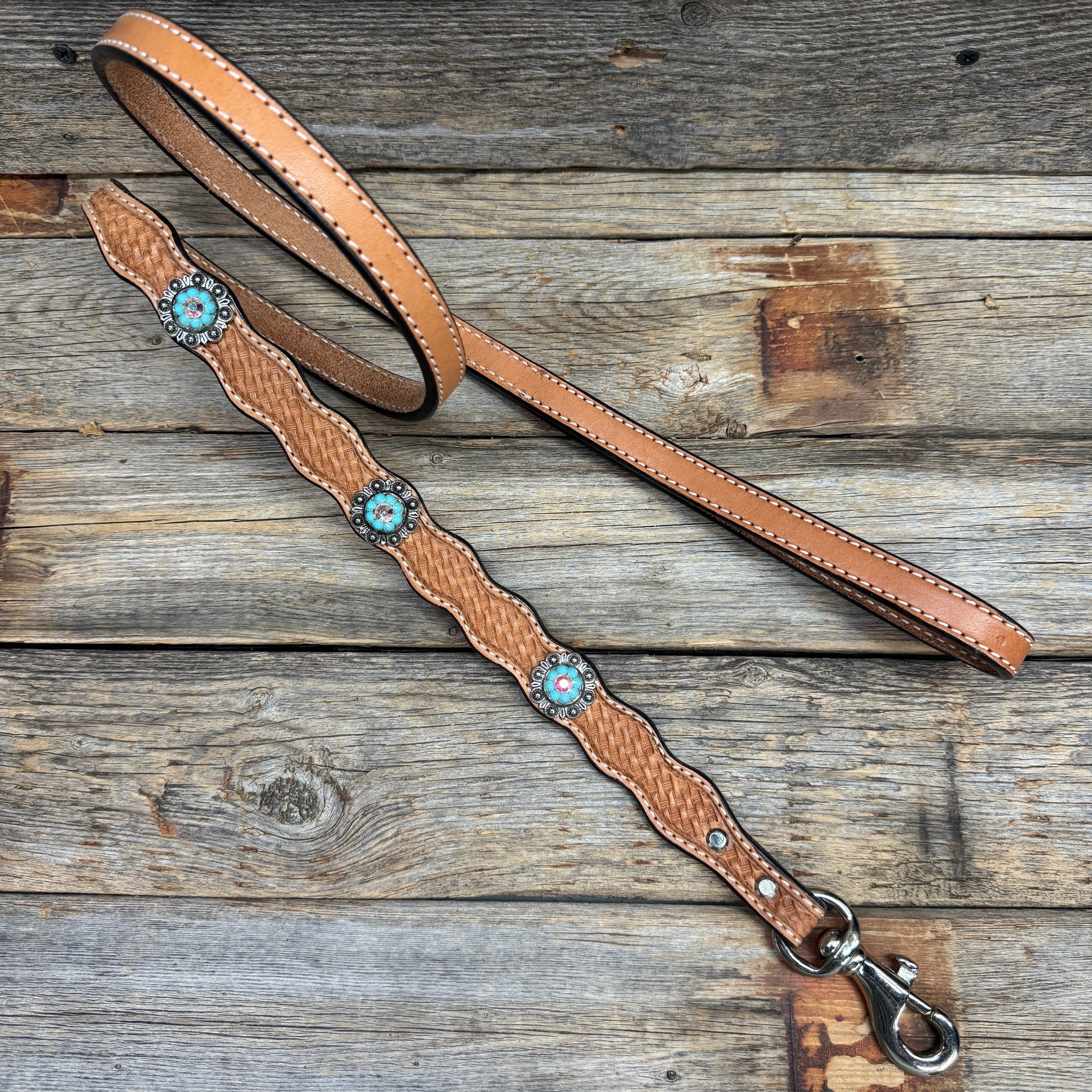 Genuine Leather Dog Collar or Leash With Antique Silver Turquoise and AB Conchos 10" to 22" orDC5 — view 6