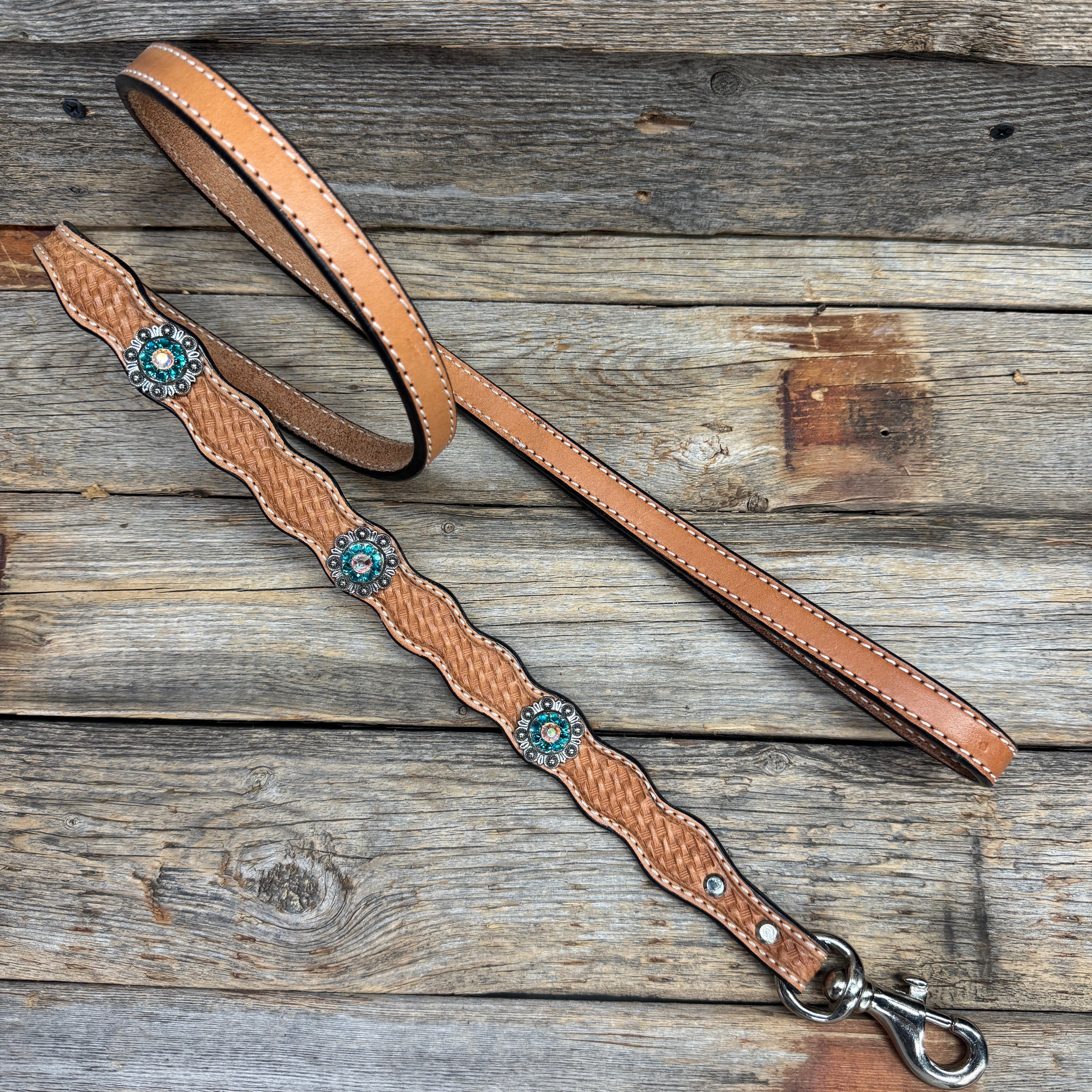 Genuine Leather Dog Collar or Leash With Antique Silver Teal and AB Conchos 10" to 22" orDC45 — view 6