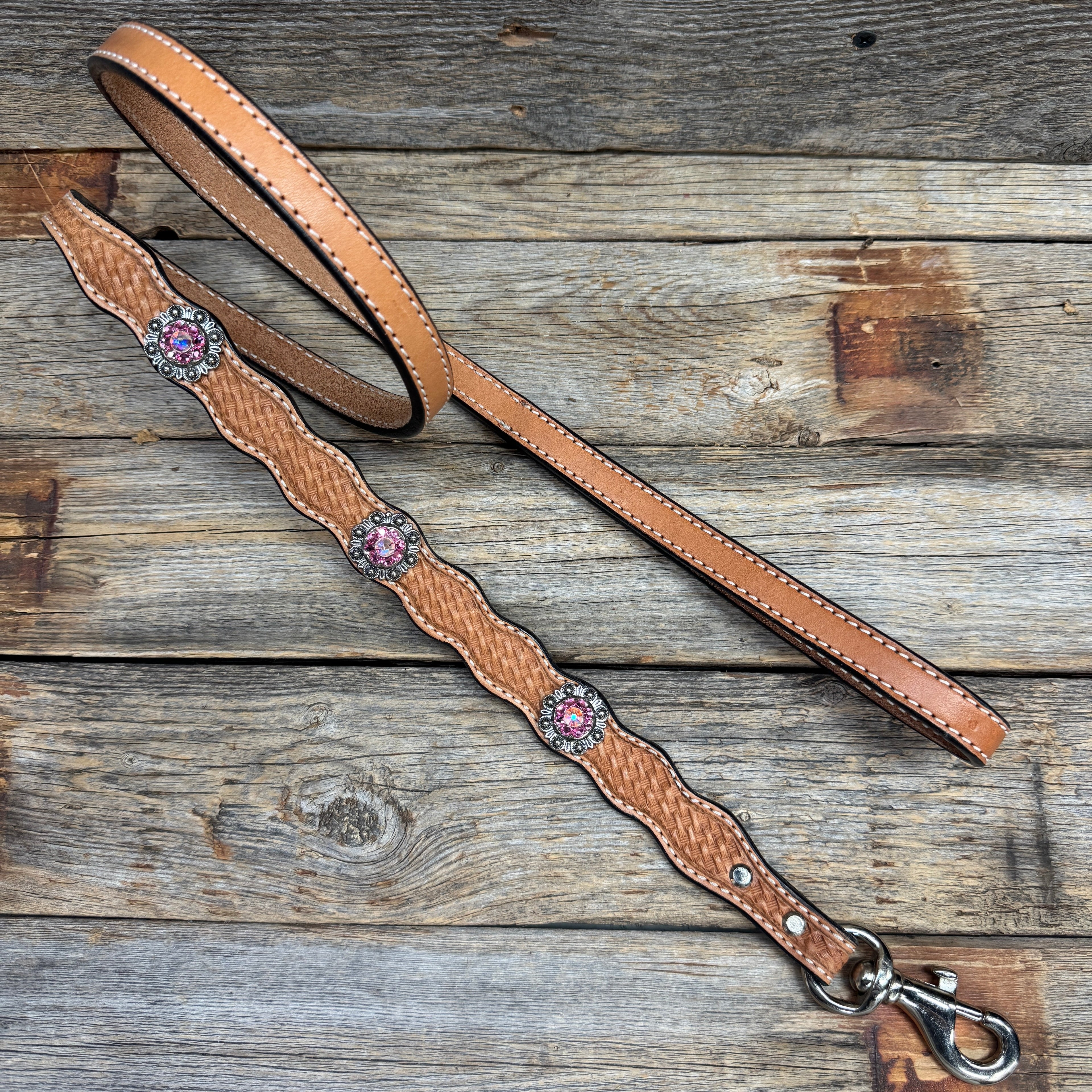 Genuine Leather Dog Collar or Leash With Antique Silver Pink and AB Conchos 10" to 22" orDC40 — view 6