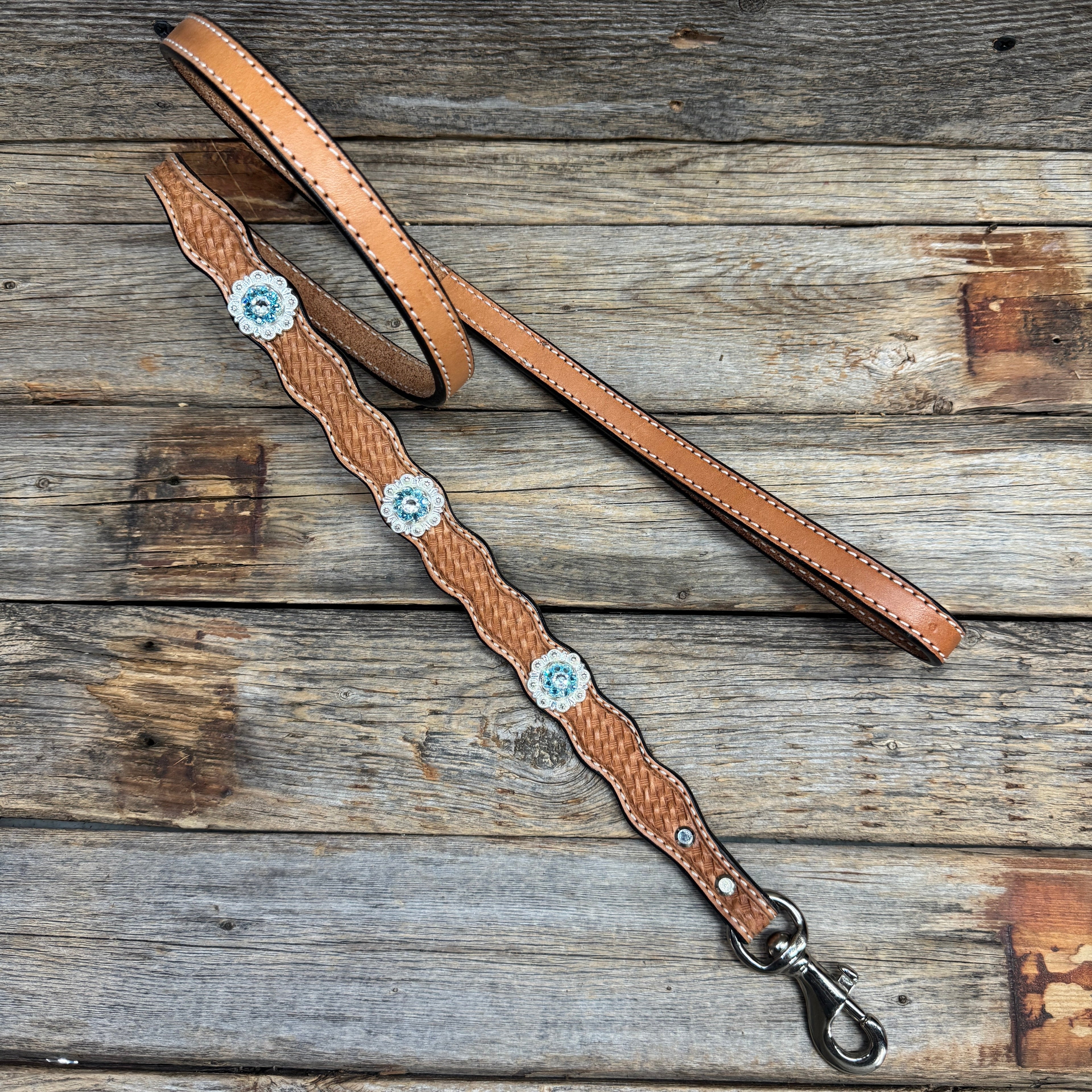 Genuine Leather Dog Collar or Leash With Bright Silver Aqua and Clear Conchos 10" to 22" orDC47 — view 6