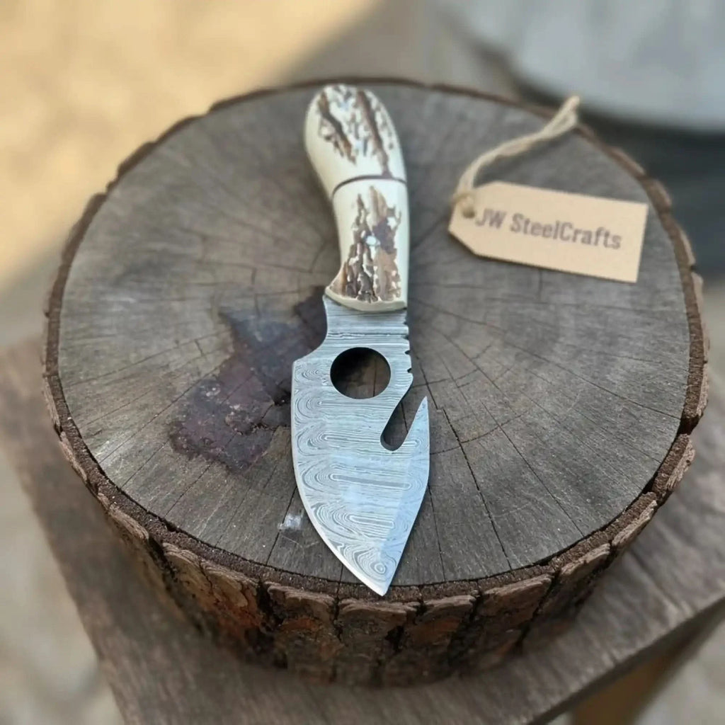 Handmade Damascus Gut Hook Skinner Hunting Knife Fixed Blade Synthetic Stag Handle with Thumb Hole