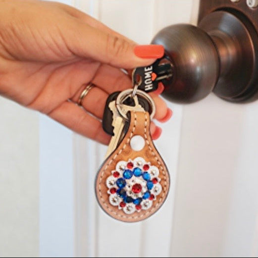 Light Oil Key Chain with Red, White, and Blue European Crystal Concho