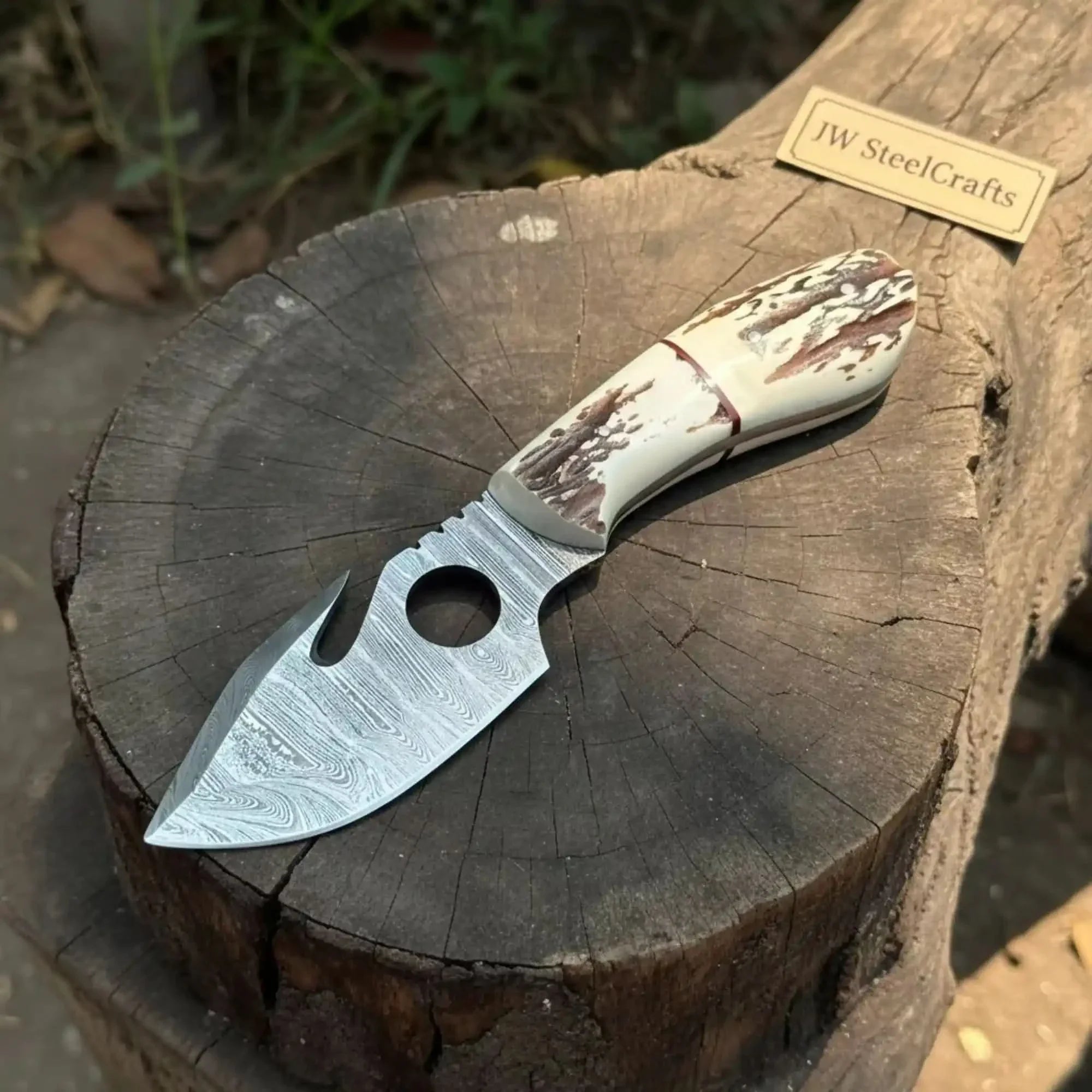 Handmade Damascus Gut Hook Skinner Hunting Knife Fixed Blade Synthetic Stag Handle with Thumb Hole