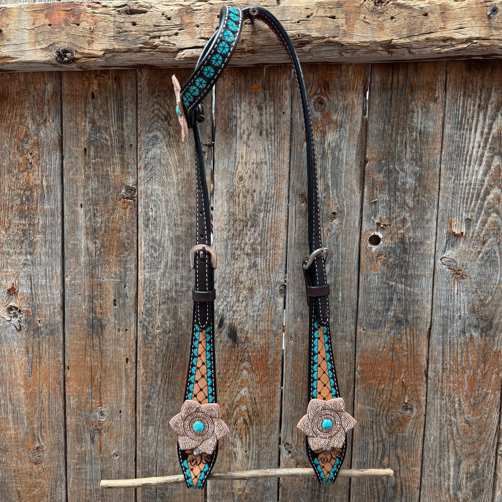 Multi Flower Bling & Turquoise One Ear - Breastcollar Tack Set #OEBC651 — view 2