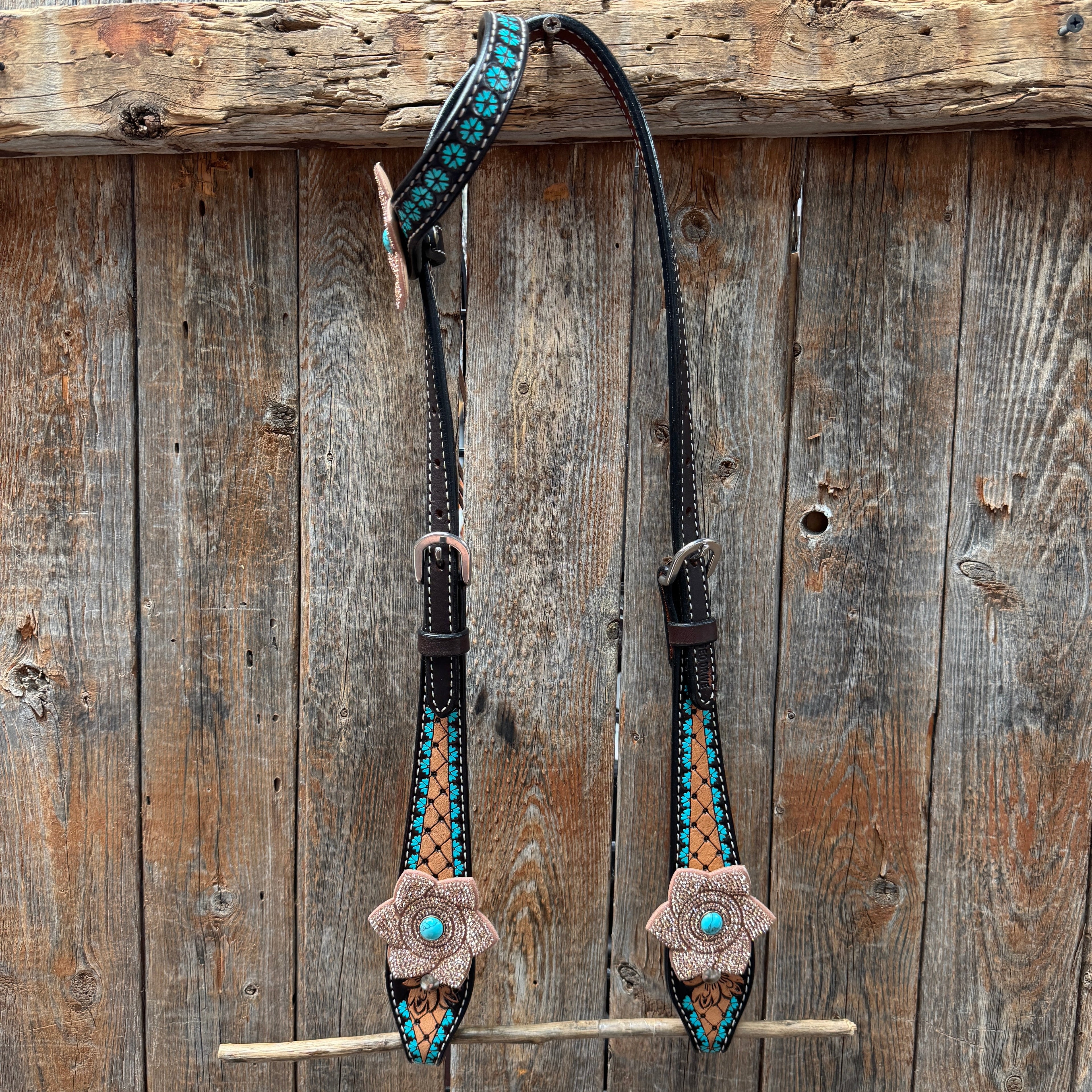 Multi Flower Bling & Turquoise One Ear - Breastcollar Tack Set #OEBC651 — view 2