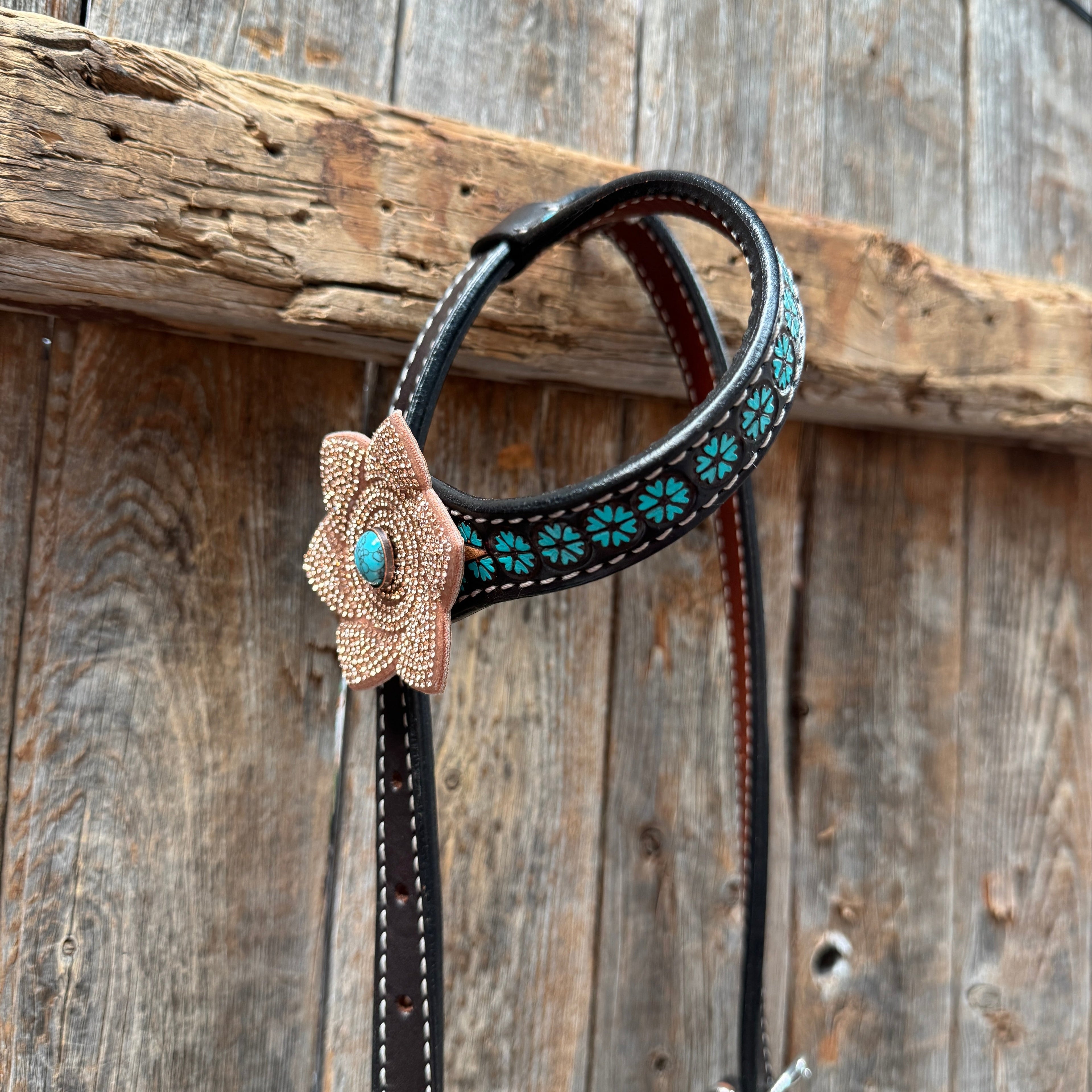 Multi Flower Bling & Turquoise One Ear - Breastcollar Tack Set #OEBC651 — view 4