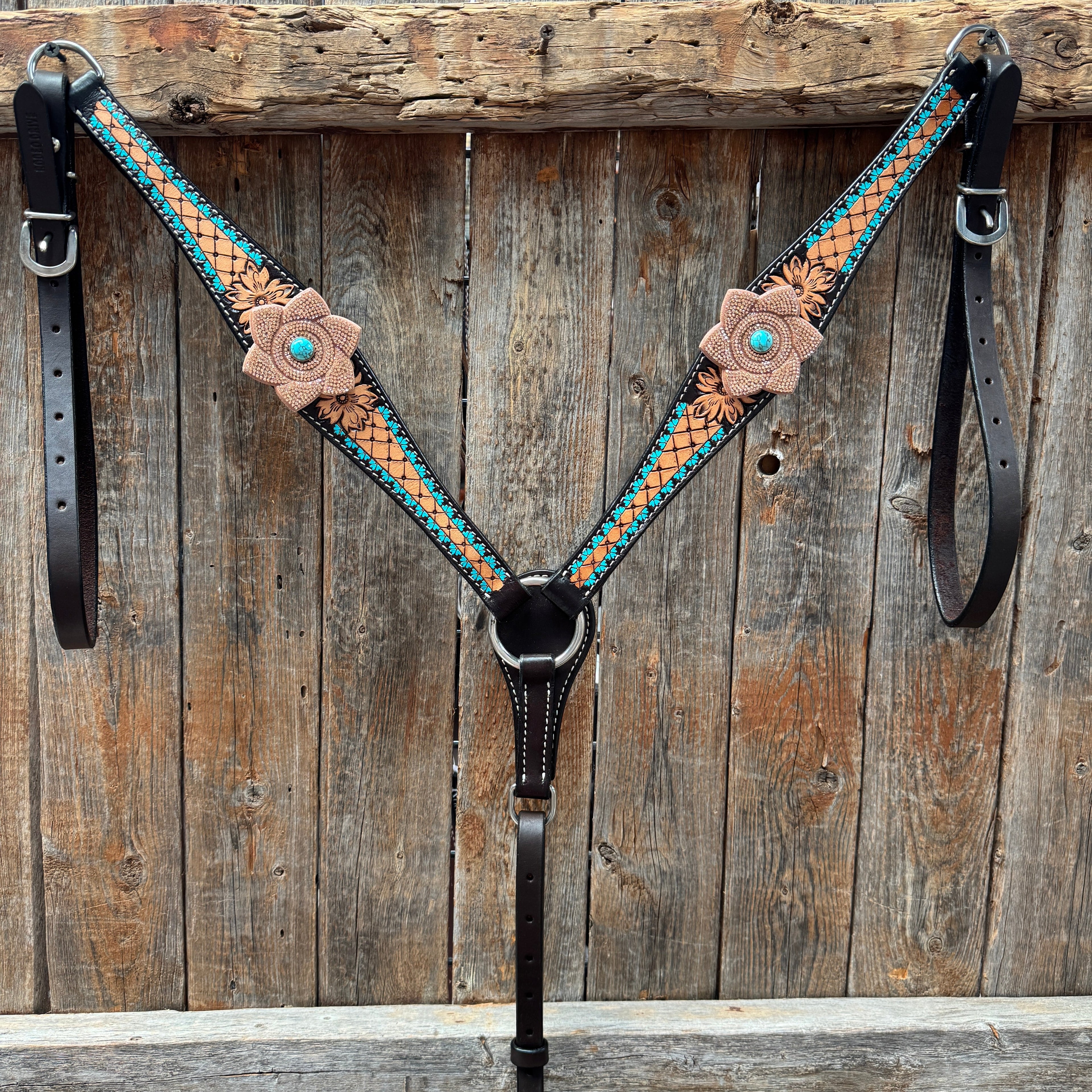 Multi Flower Bling & Turquoise One Ear - Breastcollar Tack Set #OEBC651 — view 5