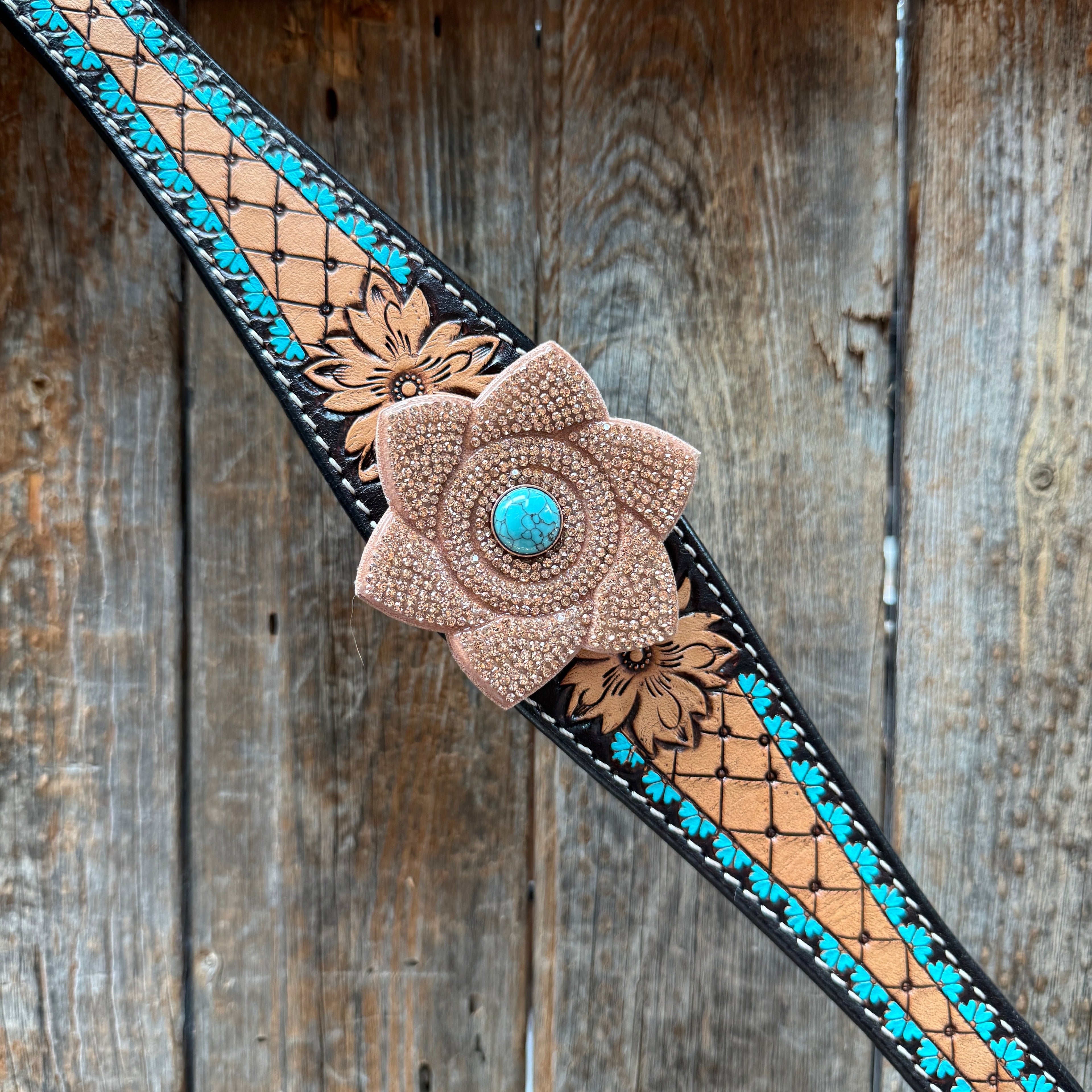 Multi Flower Bling & Turquoise One Ear - Breastcollar Tack Set #OEBC651 — view 6