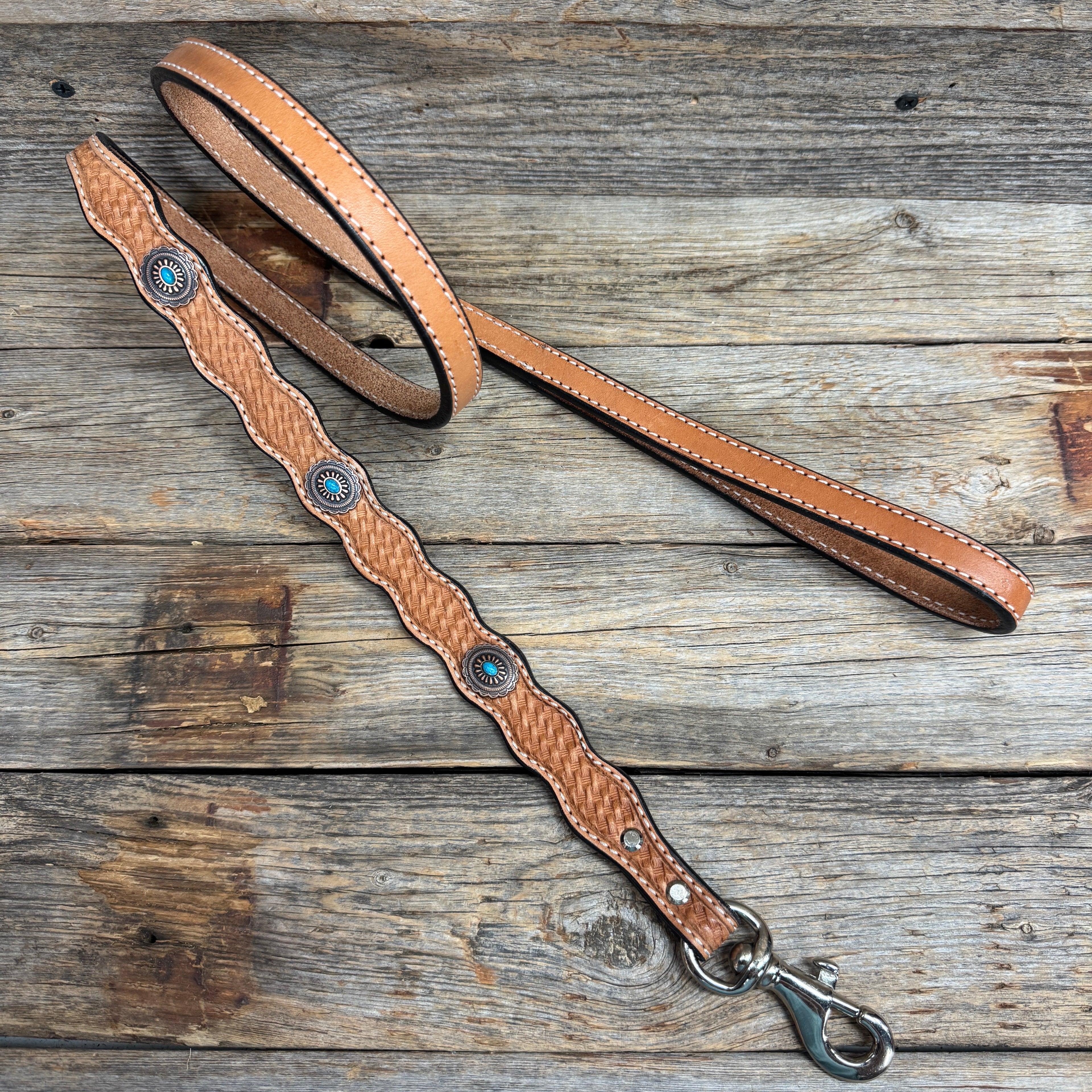 Genuine Leather Dog Collar or Leash With Oval Copper Turquoise Conchos 10" to 22" or W179S or DC76 — view 6