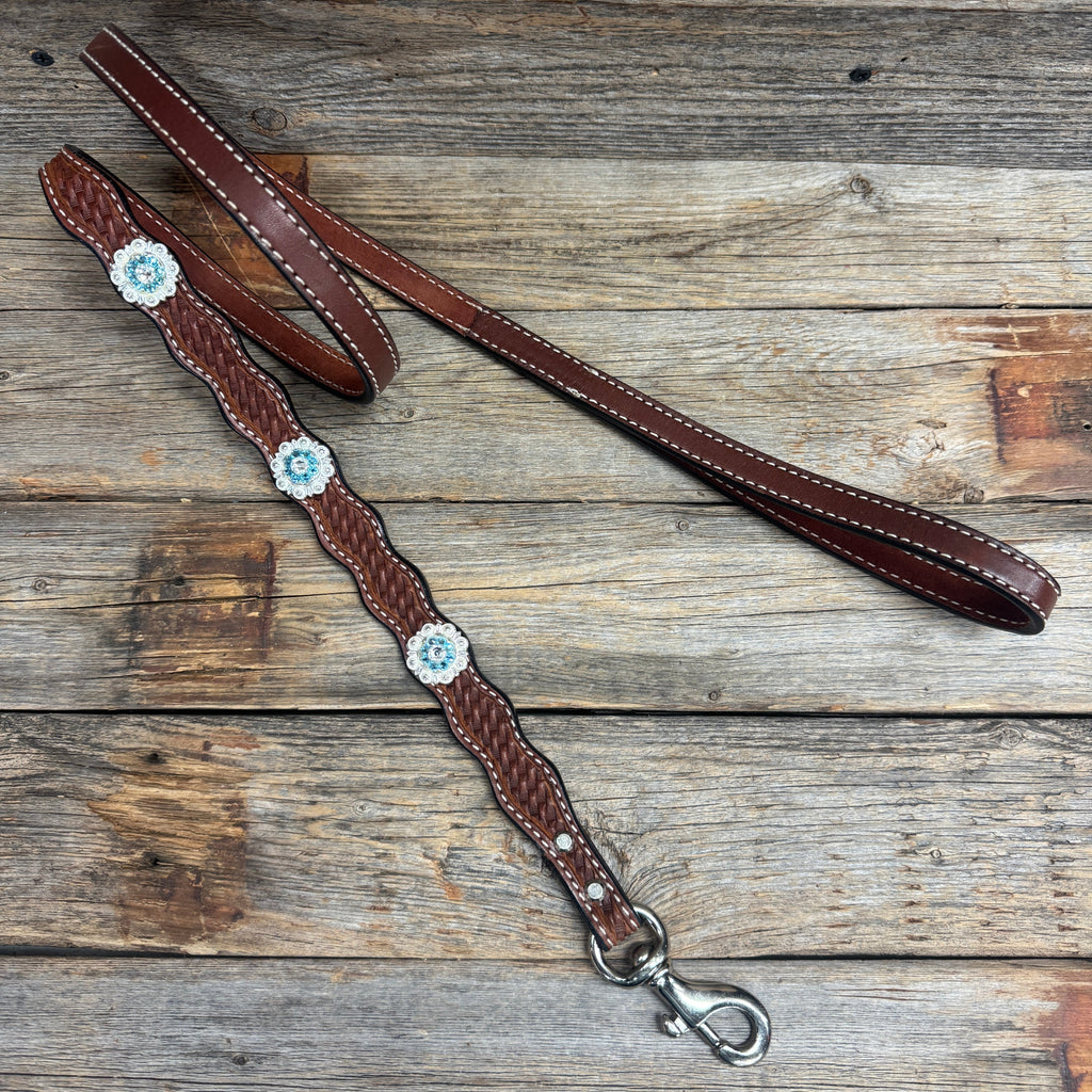 Genuine Leather Dog Collar or Leash With Bright Silver Aqua and Clear Conchos 10" to 22" orDC47 — view 7