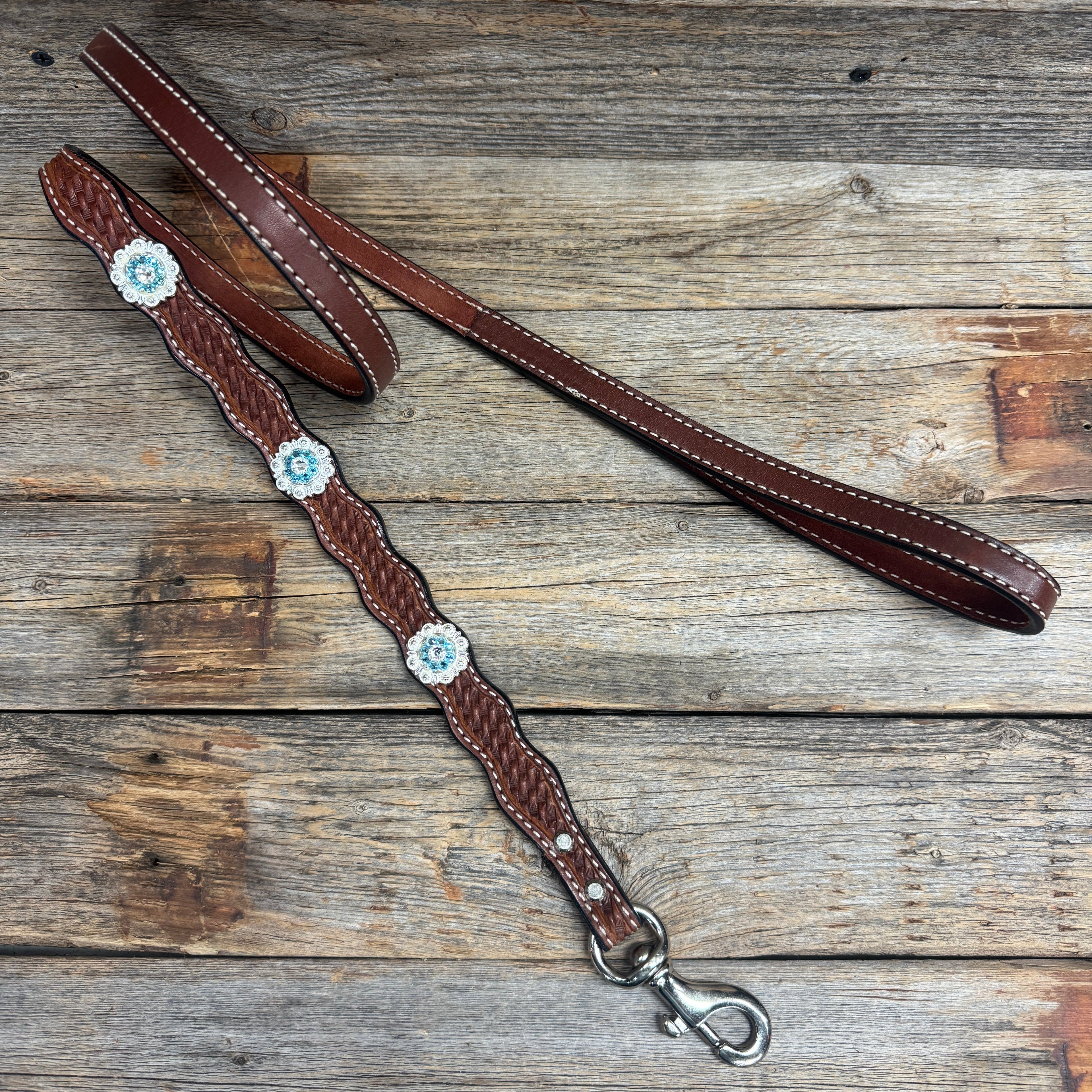 Genuine Leather Dog Collar or Leash With Bright Silver Aqua and Clear Conchos 10" to 22" orDC47 — view 7