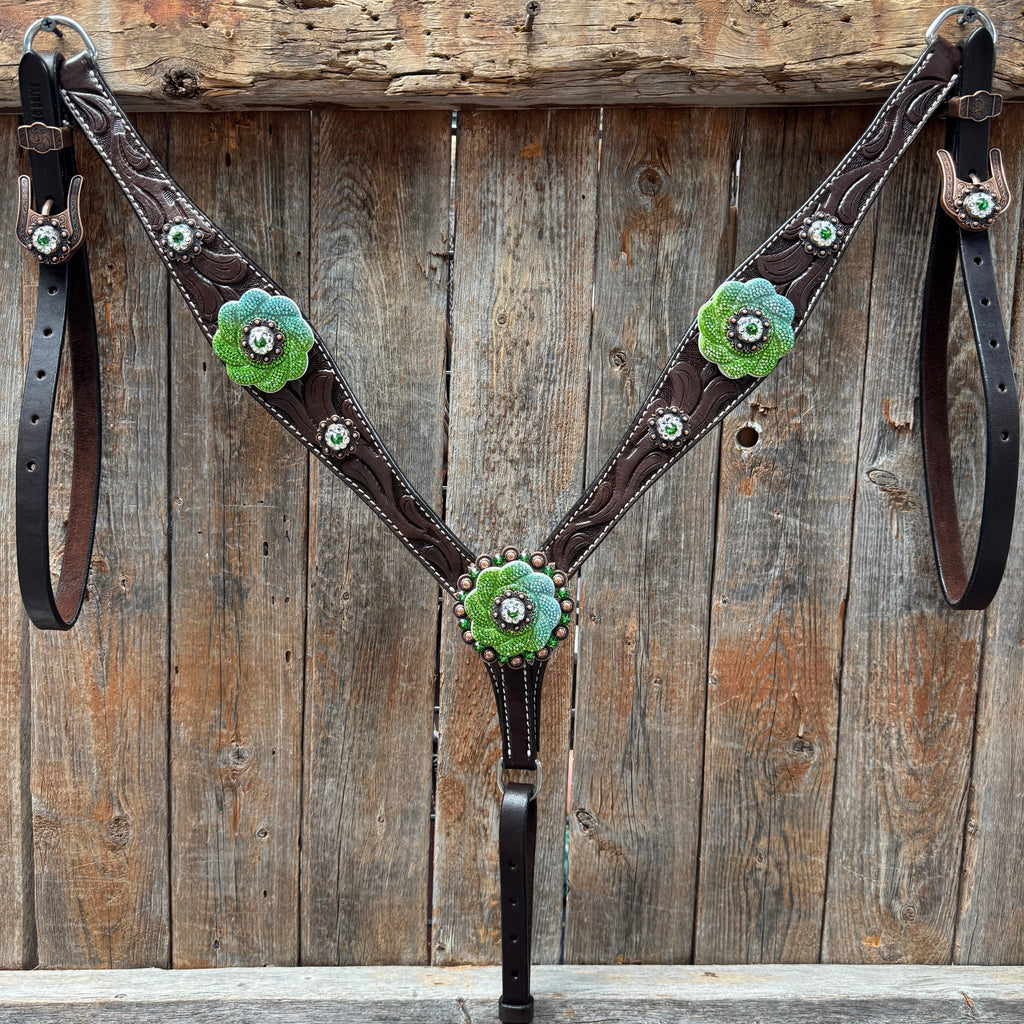 Dark Oil Floral Tooled Fern and Clear Browband & Breastcollar Tack Set #BBBC652 — view 6