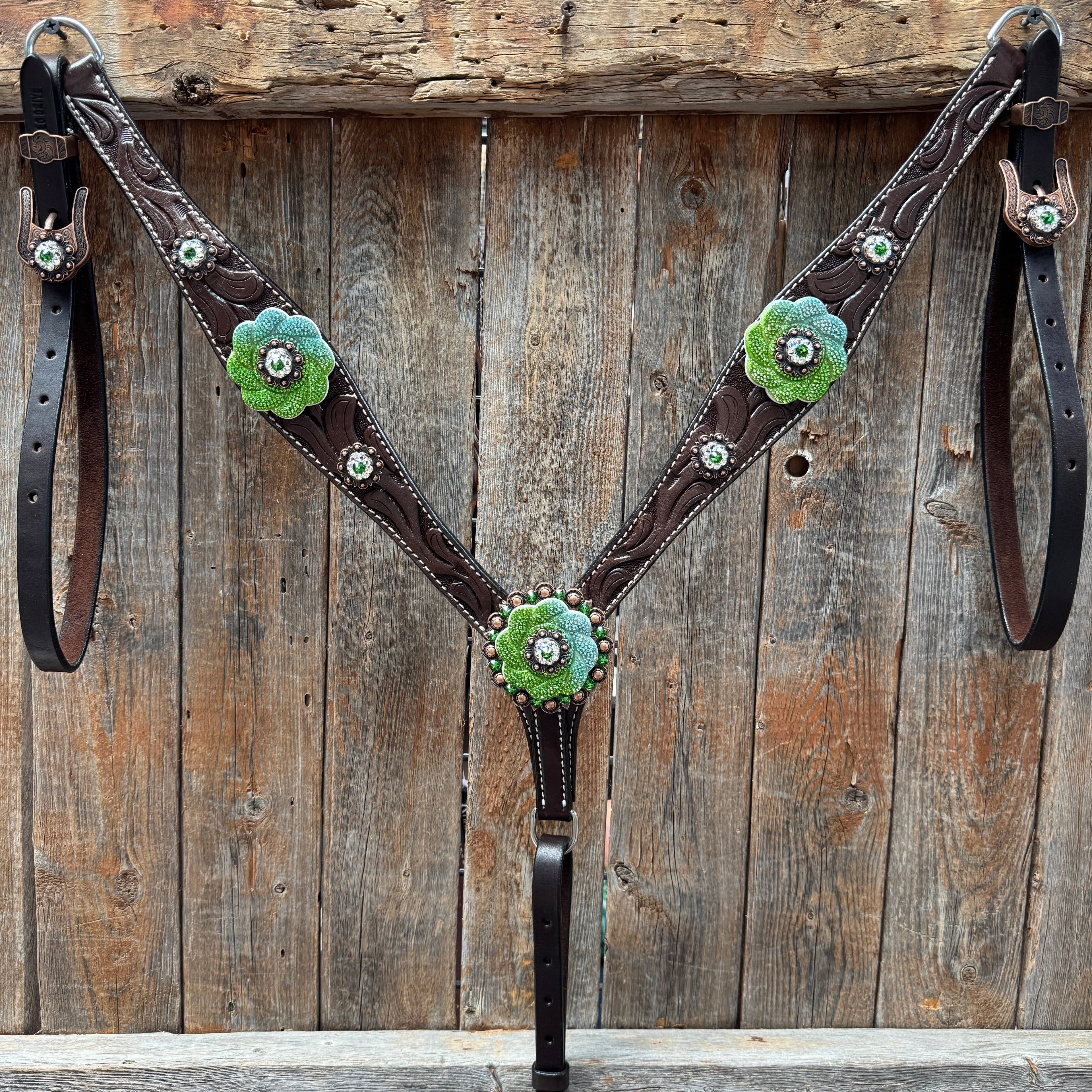 Dark Oil Floral Tooled Fern and Clear Browband & Breastcollar Tack Set #BBBC652 — view 6