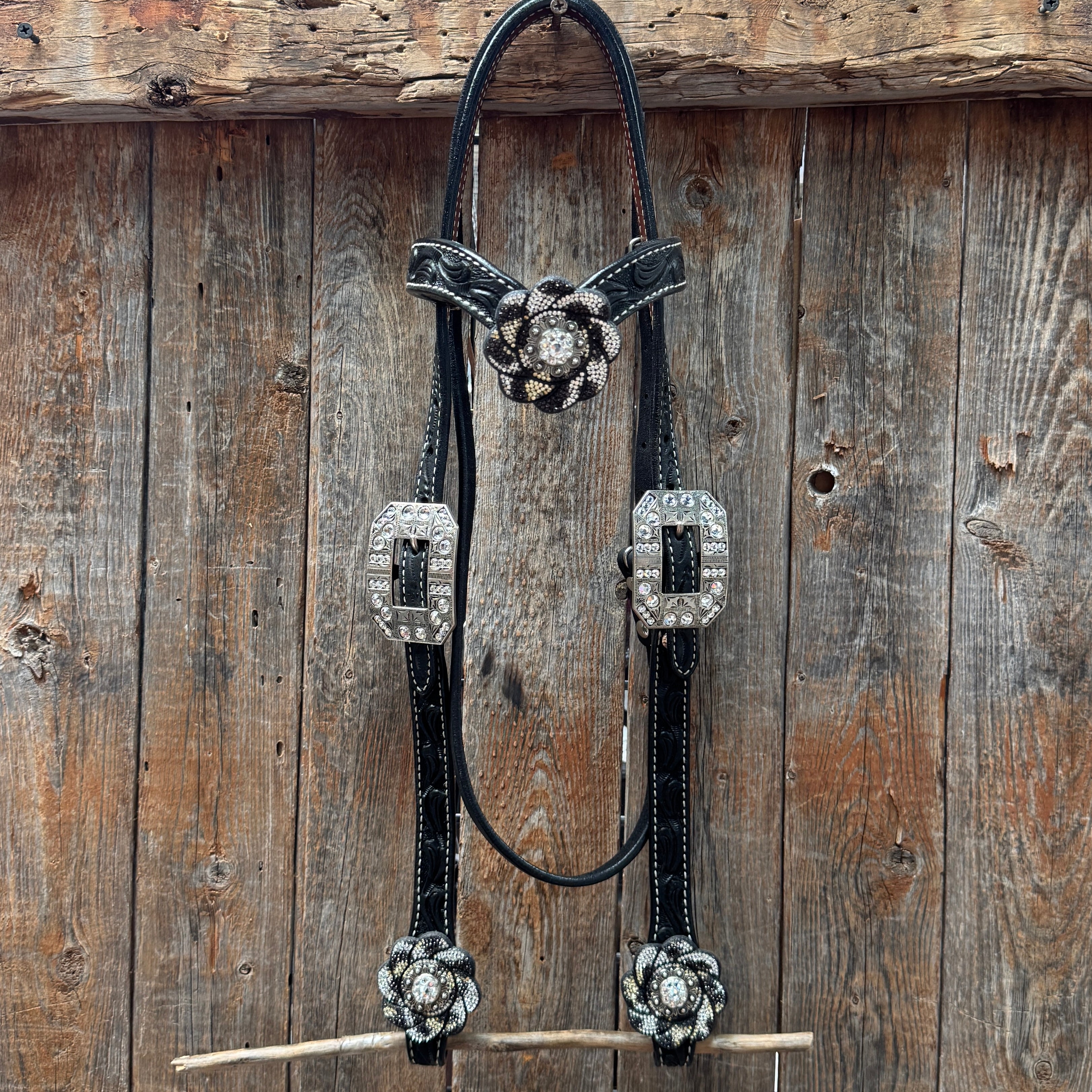 Black Floral Tooled Black and White Bling Browband & Breastcollar Tack Set #BBBC653 — view 2