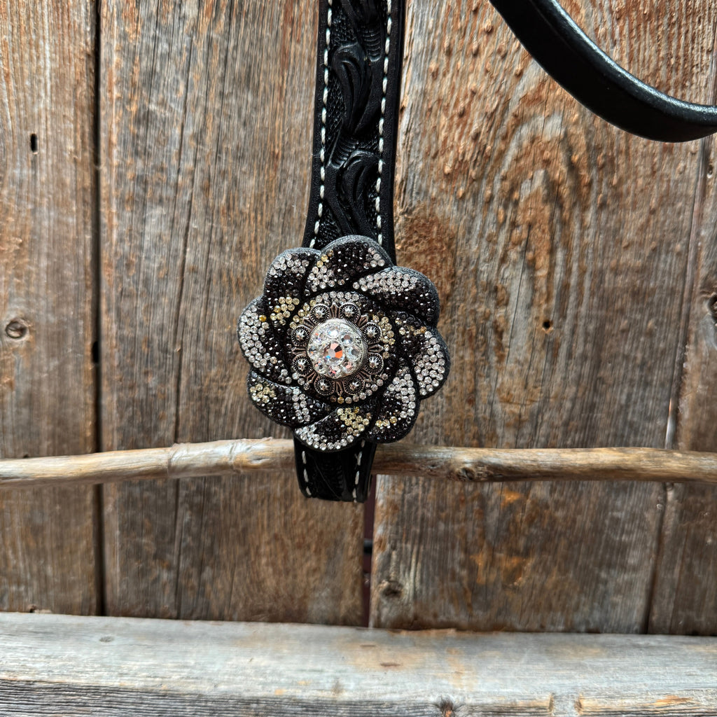 Black Floral Tooled Black and White Bling Browband & Breastcollar Tack Set #BBBC653 — view 4