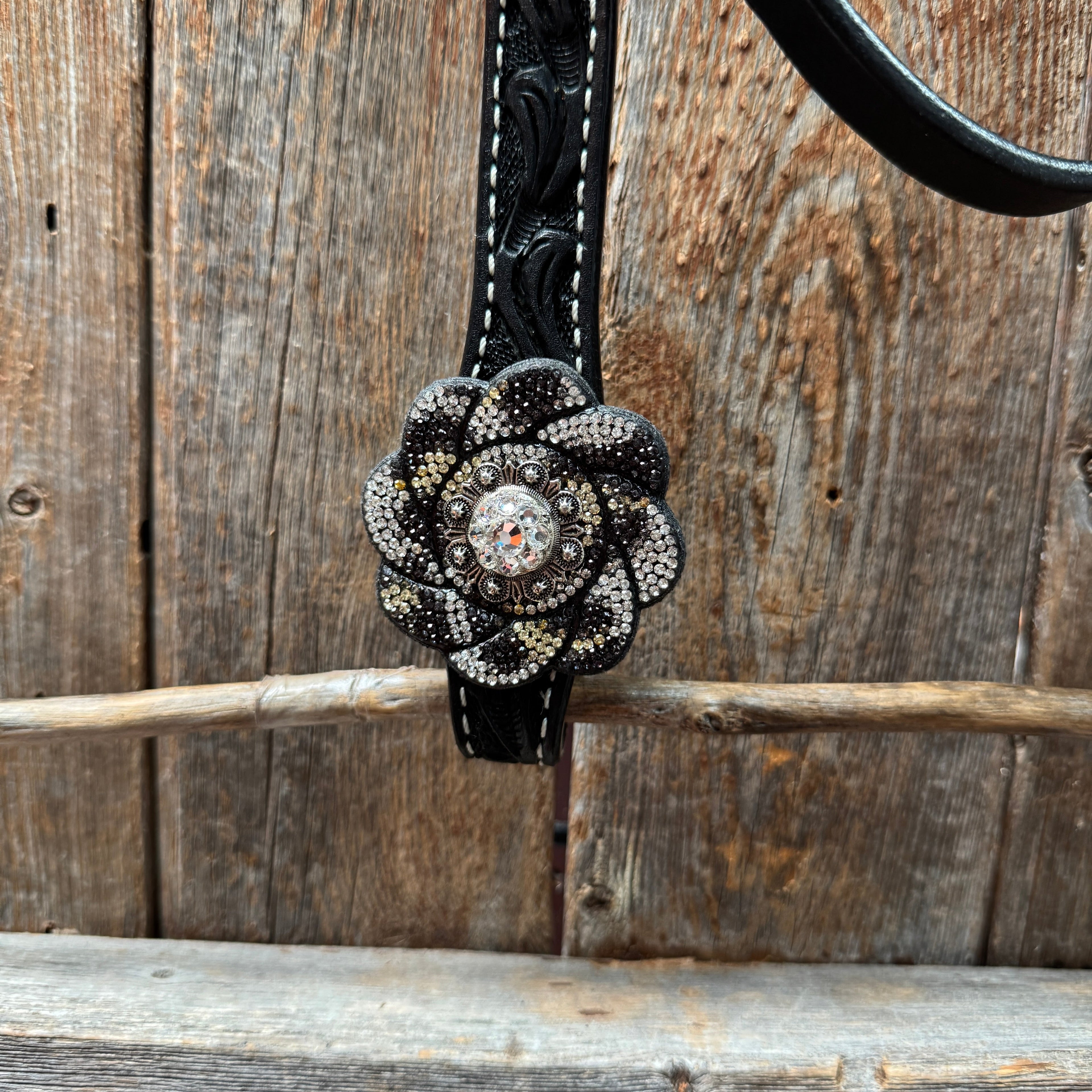 Black Floral Tooled Black and White Bling Browband & Breastcollar Tack Set #BBBC653 — view 4